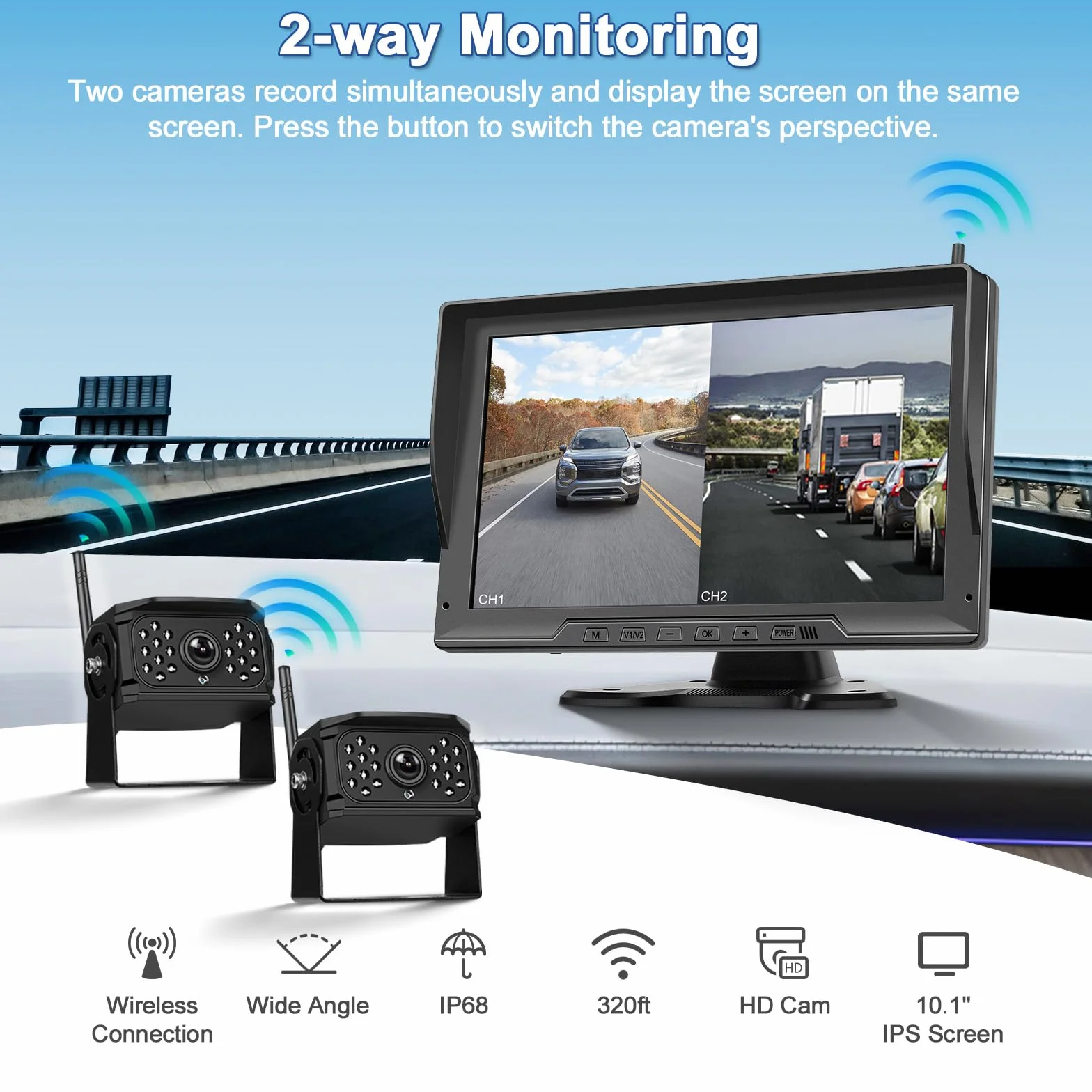 Hikity Cyfrowy bezprzewodowy zestaw kamer cofania, monitor HD 10,1 cala z 2 kamerami, stabilny sygnał, wodoodporność IP68 kamera cofania Radio do przyczepy samochodowej