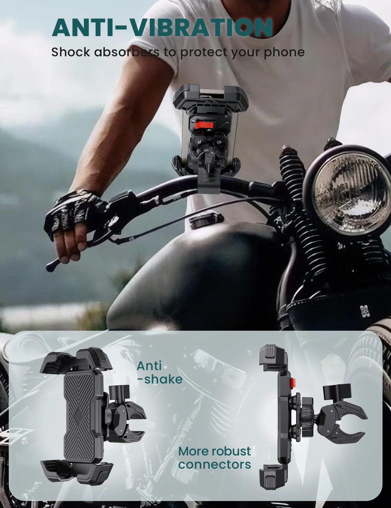 Grefay Uchwyt na telefon komórkowy do motocykla i roweru z podwójną amortyzacją drgań do iPhone 16 15 14 13 12 Pro Max, czarny
