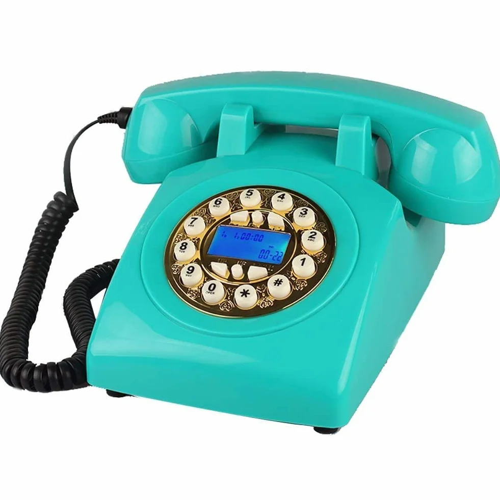 Retro Desn przewodowy salon gabinet dekoracja retro telefon do domowego biura w stylu vintage-niebieski, srebrny przycisk(Gold Button)