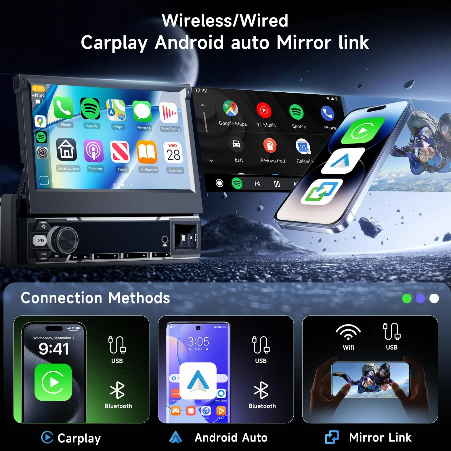 Hodozzy 6G + 128 GB Android 15 radio samochodowe 1 Din wysuwane z Carplay, bezprzewodowy Android Auto, 7-calowy ekran dotykowy nawigacja GPS radio z WiFi, Bluetooth, FM/AM/RDS, DSP, USB i kamerą