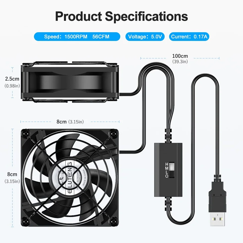 ELUTENG Podwójny wentylator PC USB 80 mm z 3 prędkościami regulacji, 8 cm, wentylator komputerowy L, USB 2 w 1, mini wentylator PC z metalowym grillem, 5 V, wentylator 2700 obr./min