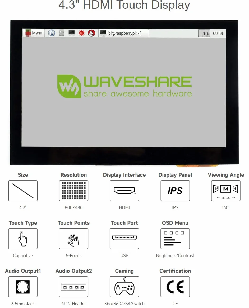 Waveshare 4.3inch HDMI LCD (B) 800x480 IPS Capacitive Touch Screen Monitor Display for Raspberry Pi BB Black Banana Pi Raspberry Pi 4