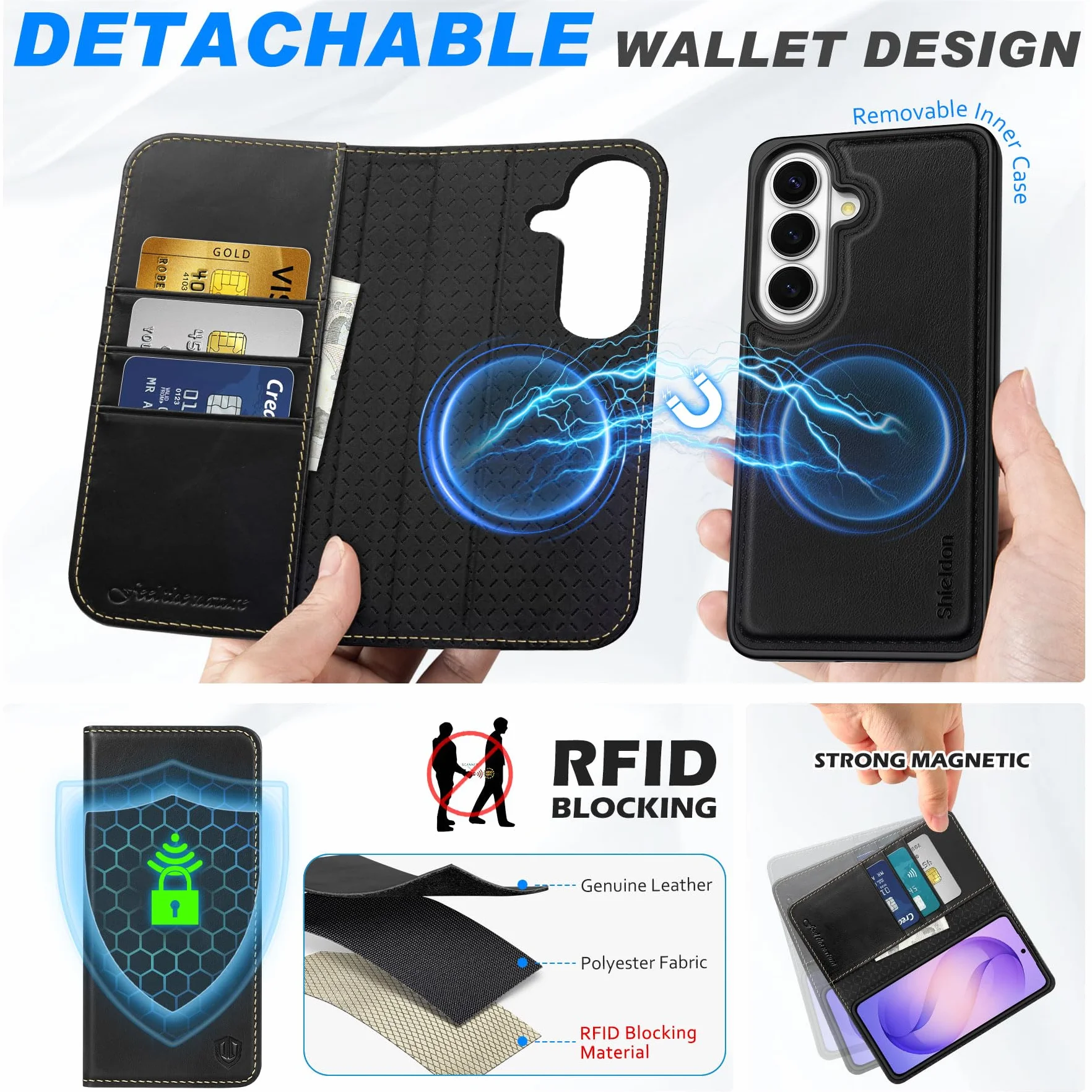 SHIELDON Prawdziwa Skóra Etui z Odpinanym Portfelem do Galaxy S26 6,3 cala, Magnetyczne ładowanie Bezprzewodowe, Blokada RFID, Uchwyt na Kartę, Podpórka, Klapka Odporna na Wstrząsy – Retro Czarne