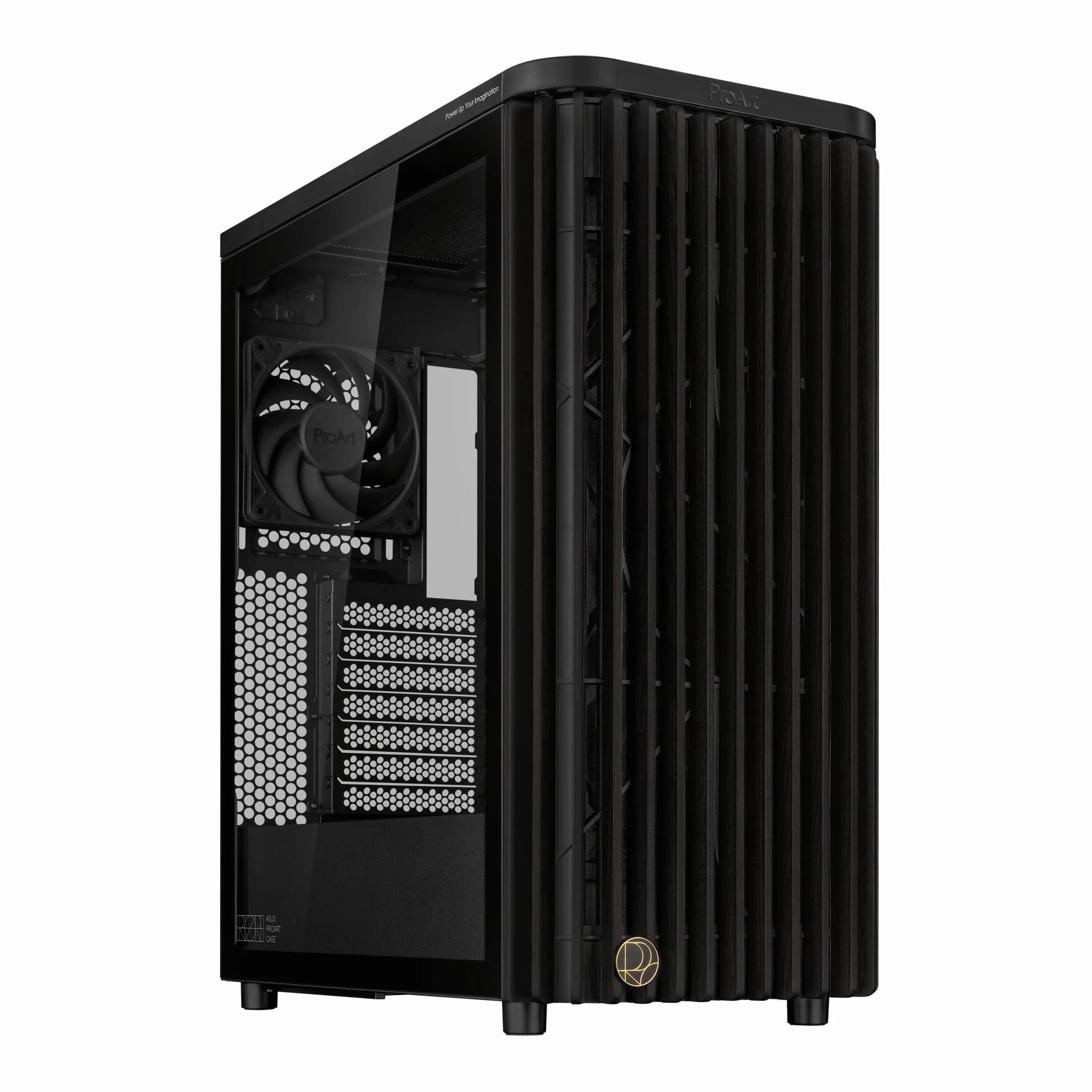 ASUS ProArt PA401 Wood Edition, Obudowa PC ATX do średniej wieży, drewniany panel przedni, panel boczny ze szkła hartowanego, 2 wentylatory 160 mm z łopatkami pierścieniowymi, blokada przycisków