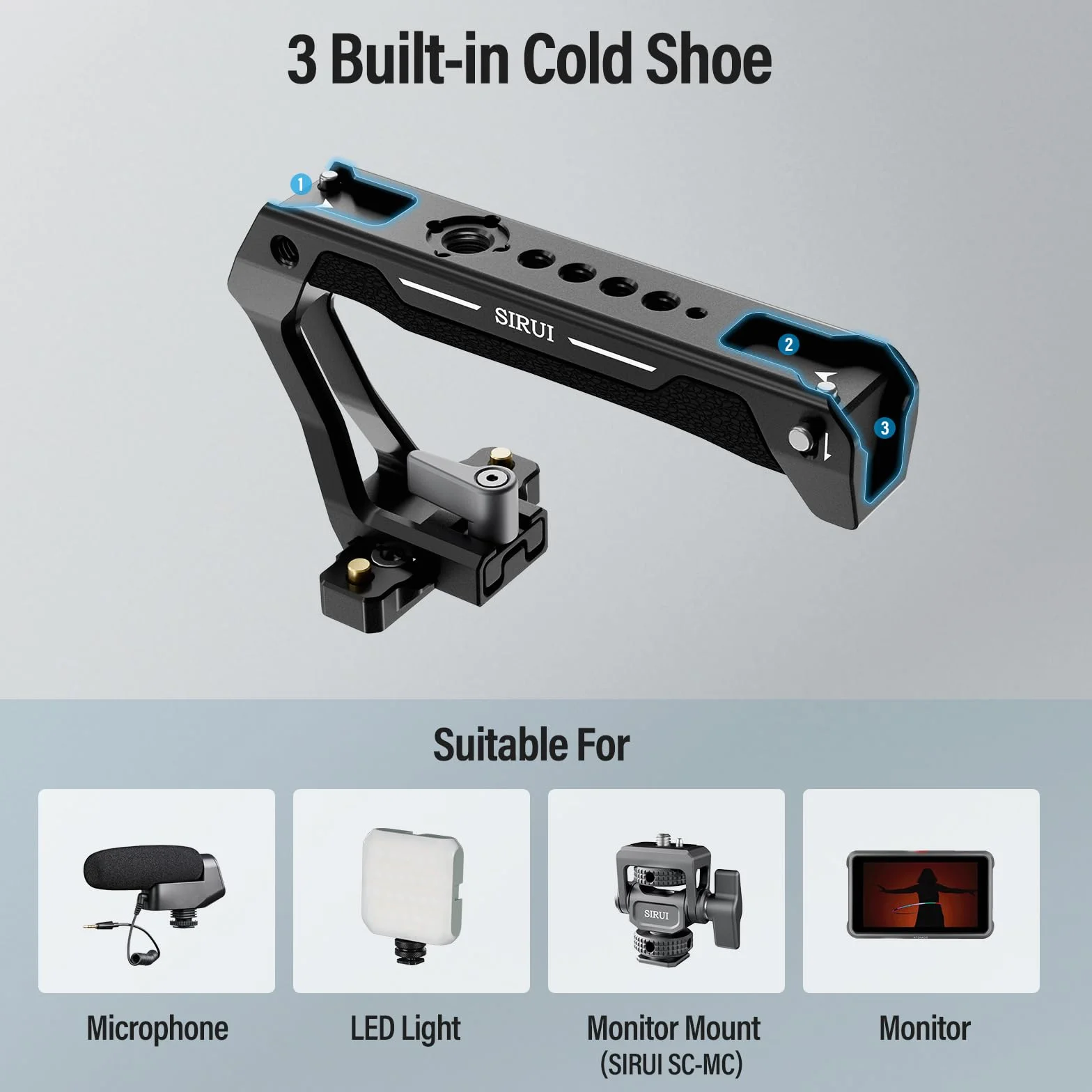 SIRUI Top Handle z szyną NATO, szyna szybkiego zwalniania uchwytu do klatki aparatu DSLR, uniwersalny uchwyt górny z 3 adapterami gorącej stopki - SC-TH