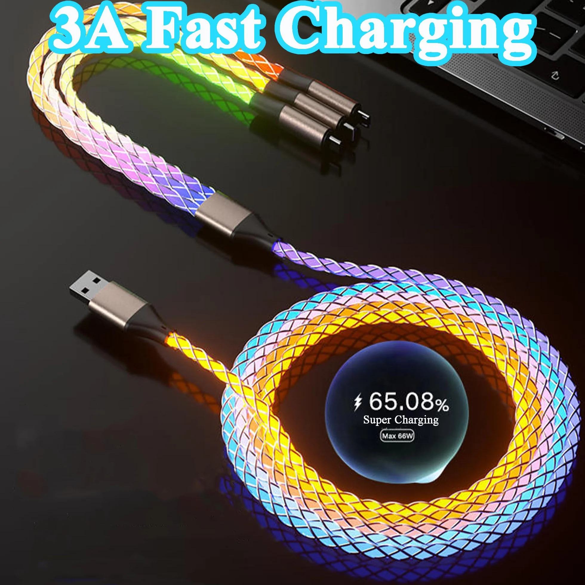 66 W 3 w 1 podświetlany kabel do ładowania LED, świecący przewód do szybkiego ładowania RGB, kabel micro USB do telefonu, Samsung Galaxy, Huawei, Android, Sony Xperia (4FT)