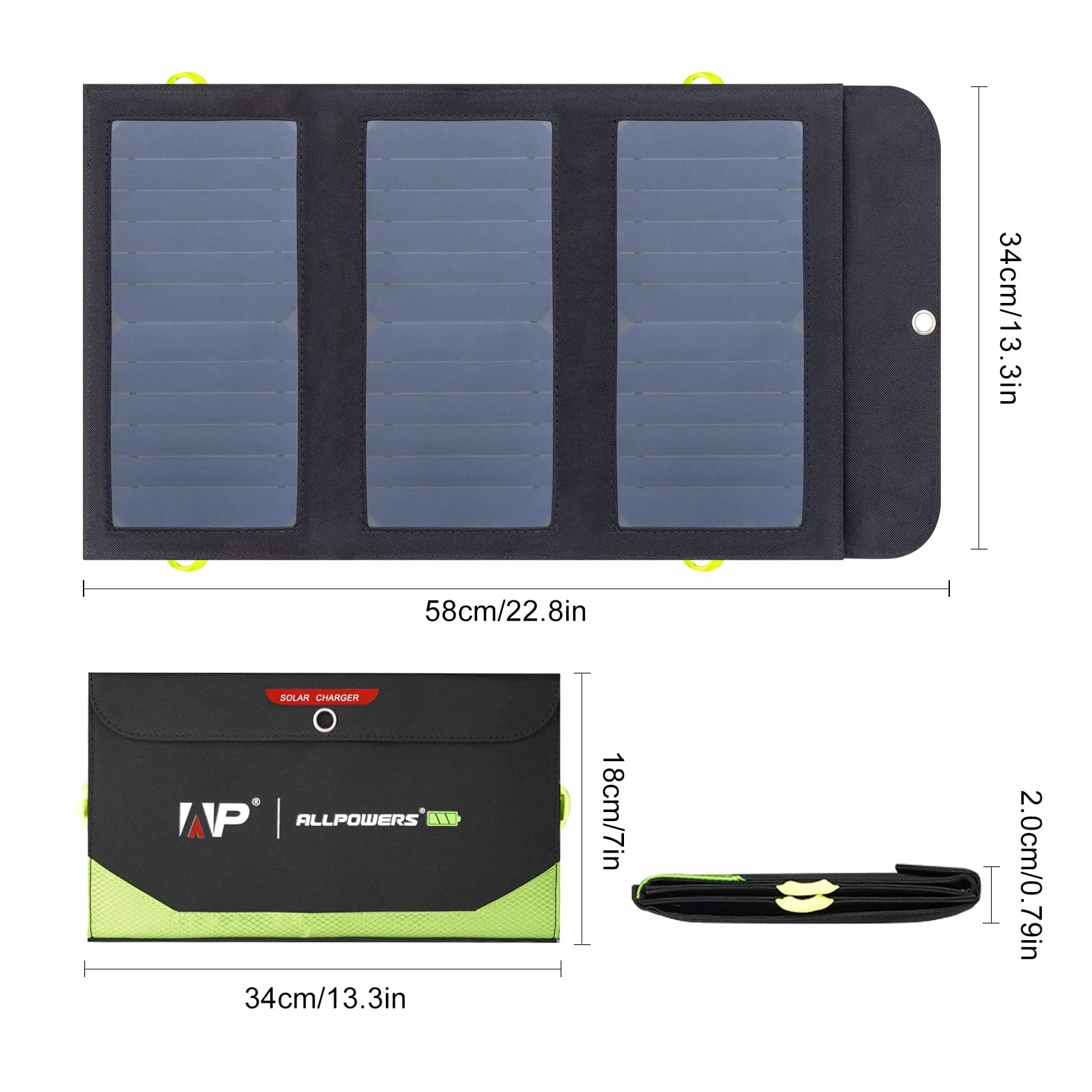ALLPOWERS Panel słoneczny 5 V, 21 W, przenośna ładowarka solarna, 3 wyjścia USB i 2 wejścia USB, wodoszczelny, składany panel słoneczny, ładowarka solarna, powerbank do smartfonów, tabletów,