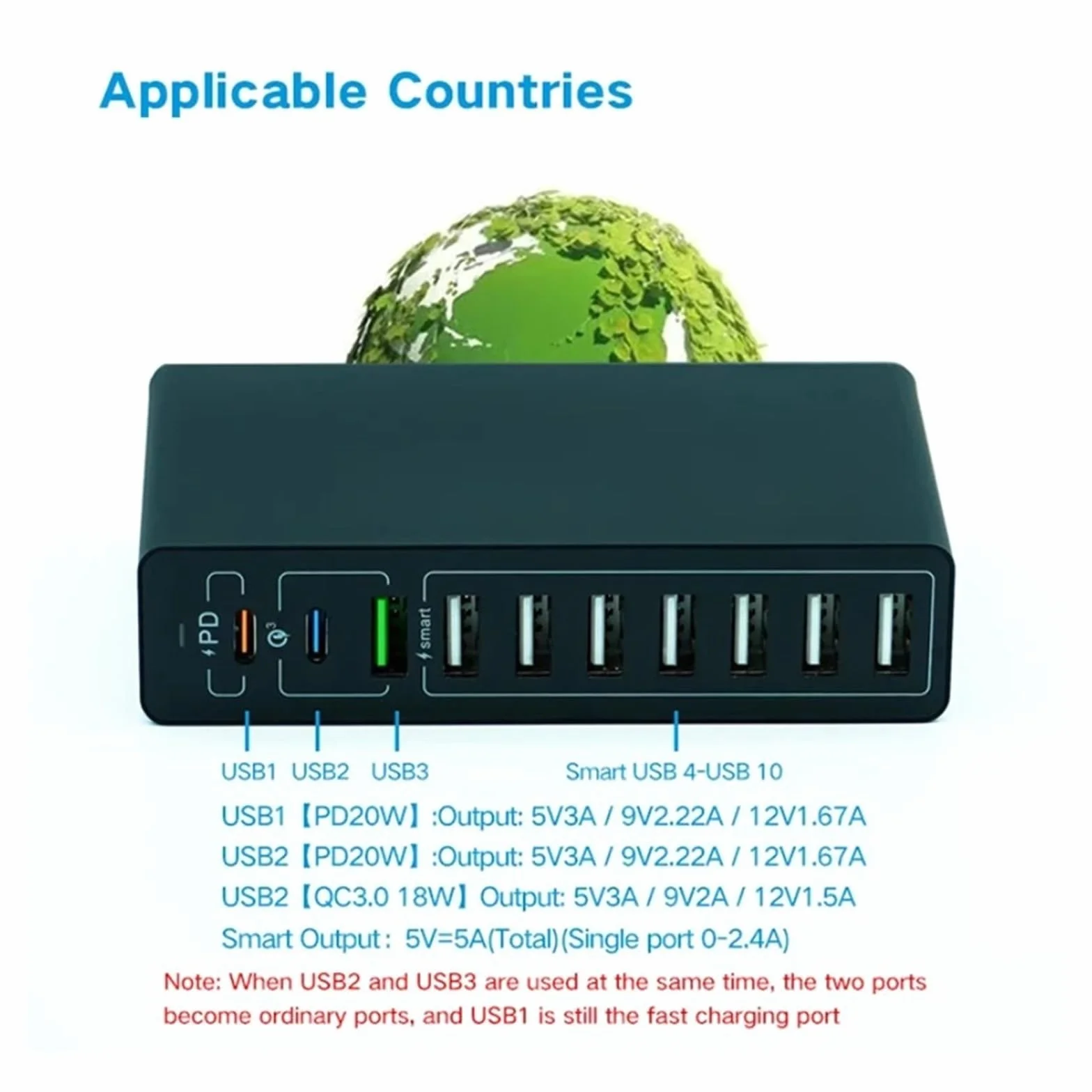 Stacja ładująca USB Wieloportowa Ładowarka USB Stacja Ładująca O Mocy 65 W. Wieloportowa, Podróżna Szybka Ładowarka Ścienna(Color:65W White 10 Port)