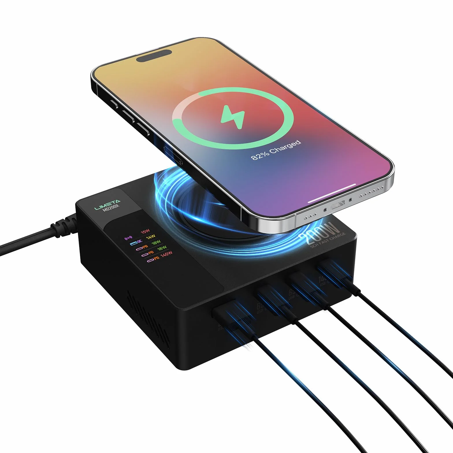 LIMETA Stacja ładująca 200 W z bezprzewodową ładowarką 15 W, wieloma portami USB, maks. 140 W z jednym portem bezprzewodowym ładowaniem i ekranem LCD, z laptopami, tabletami, iPhone'ami i innymi