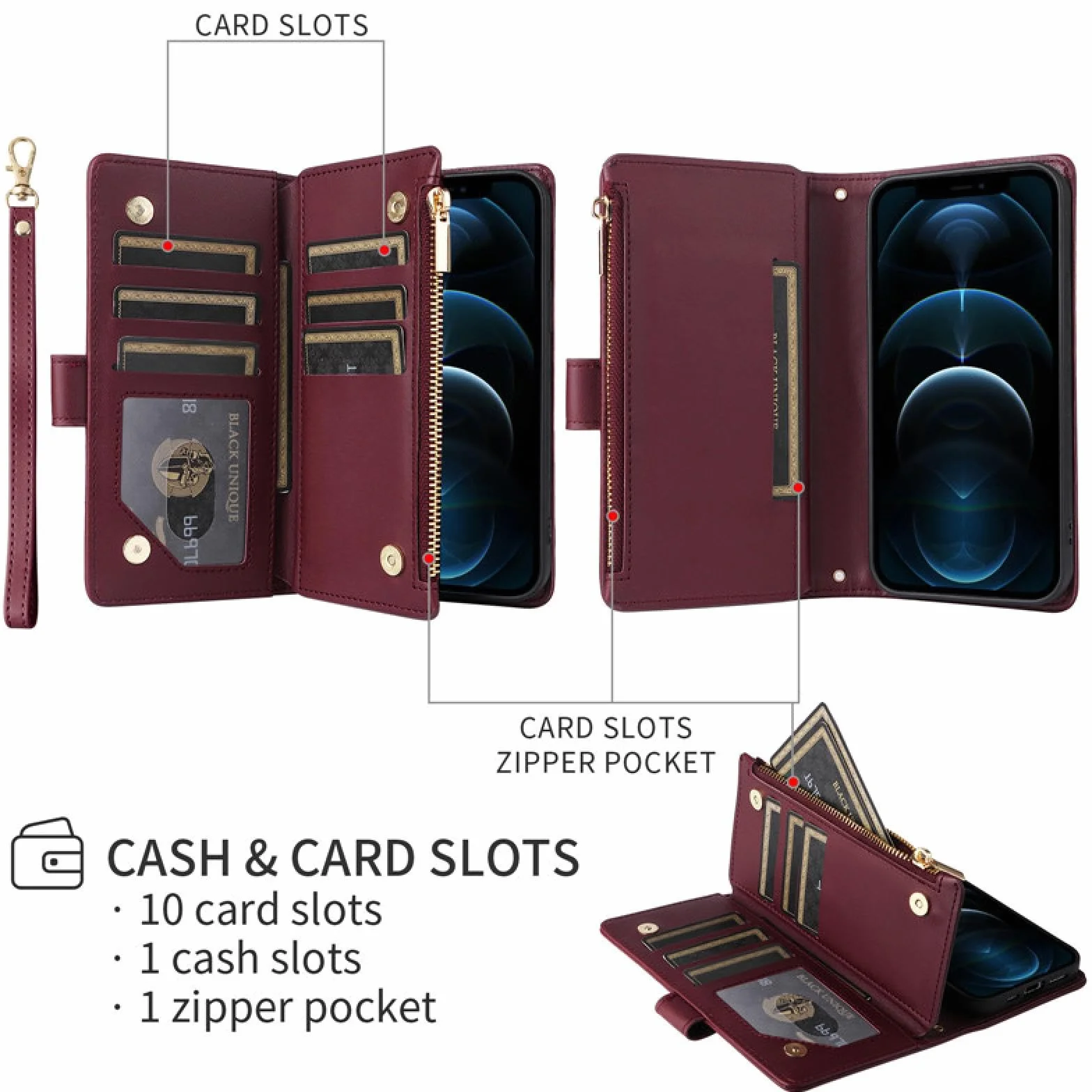Do iPhone'a 16 Pro Max Crossbody Skórzany Portfel Zapinany Na Zamek Etui na Karty Telefony Smycz Klapka (Do iPhone'a 16 Pro Max/Czerwony)