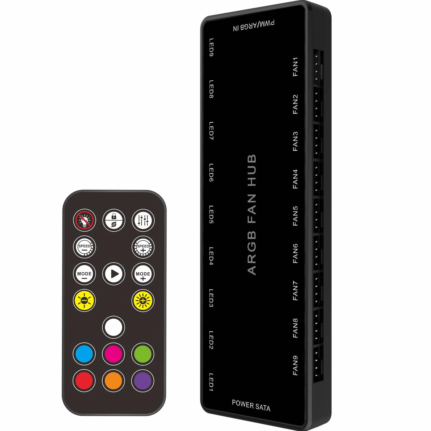 ARGB PWM koncentrator wentylatora, adresowalny 5V 3PIN ARGB 12V 4Pin PWM obudowa 2 w 1 RGB Hub wentylatora z kontrolerem i wejściem zasilania SATA, 9 portów dla wentylatorów i 9 portów dla diod LED,