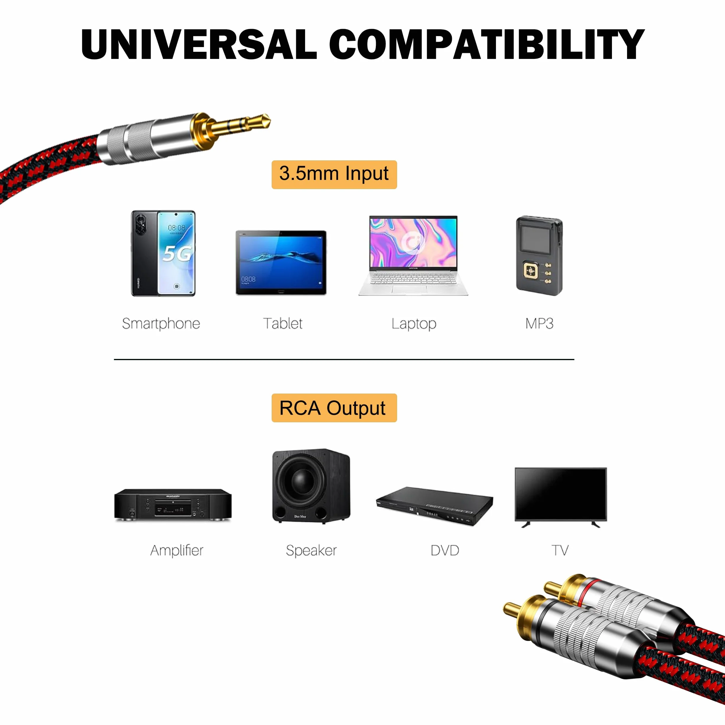 Kabel RCA na 3,5 mm, Aux na RCA adapter gniazda męskiego na męskiego gniazda audiofilskiego pleciony pozłacany przewód audio Y do smartfonów, tabletów, głośników, MP3, HDTV i innych