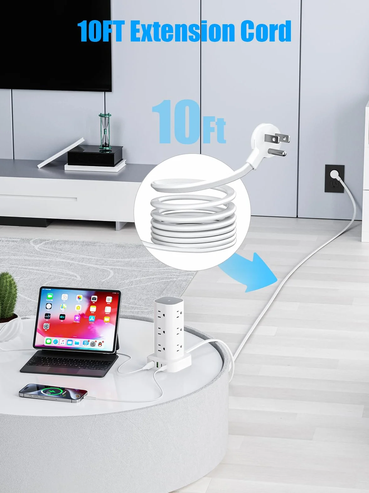 Płaska wtyczka wieża przeciwprzepięciowa, płaski przedłużacz 10 stóp z wieloma gniazdami, 12 wyjść AC, 4 porty USB (2 USB C) stacja ładująca do biura, domu,