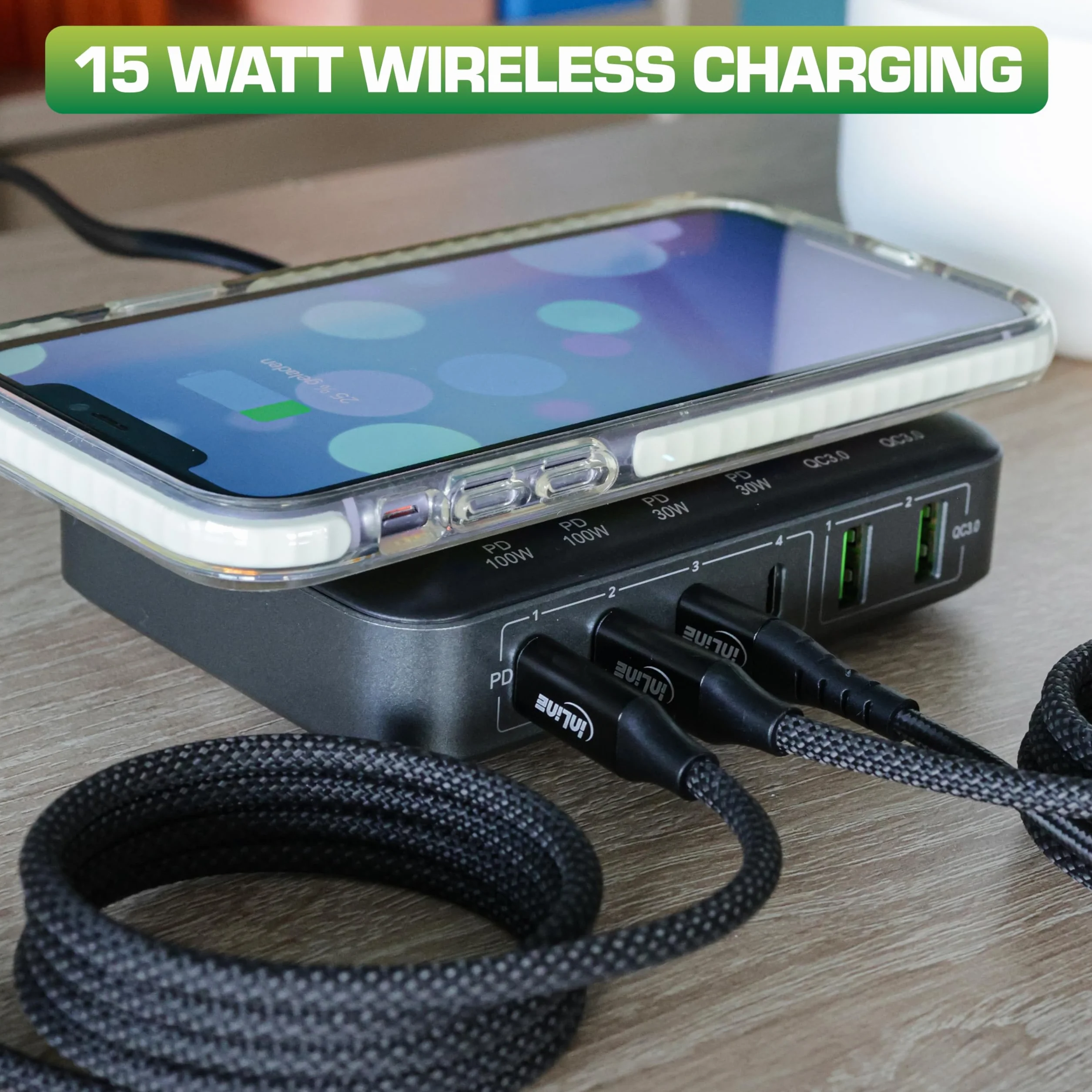 InLine Qi Powerstation 6-portowa, bezprzewodowa ładowarka, 4 x USB-C, 2 x USB-A, GaN, 100 W, szybka ładowarka, zasilacz do MacBook Pro/Air, iPhone/Pro/Mini, iPad Pro, Pixel i innych, czarna, 31517K