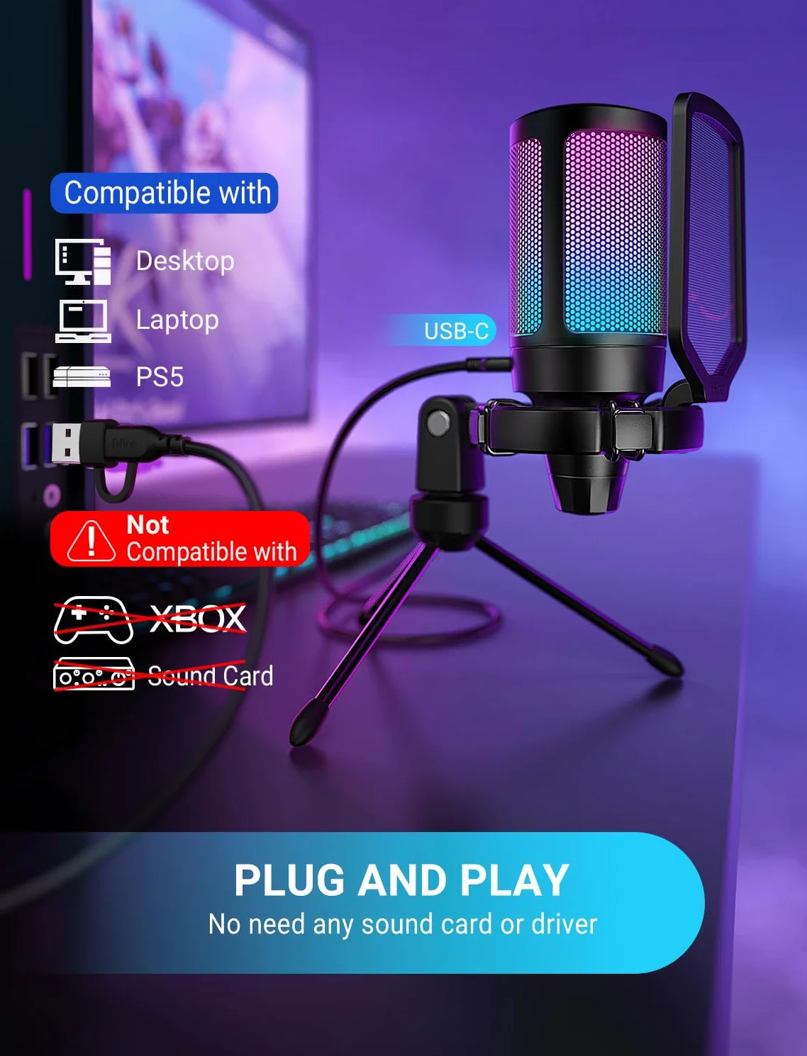 FIFINE PS5 mikrofon pojemnościowy RGB z przyciskiem Tap-to-Mute, odporny na wstrząsy, filtr pop, kontrola wzmocnienia do przesyłania strumieniowego, podcastu, Discord, Twitcha, AmpliGame