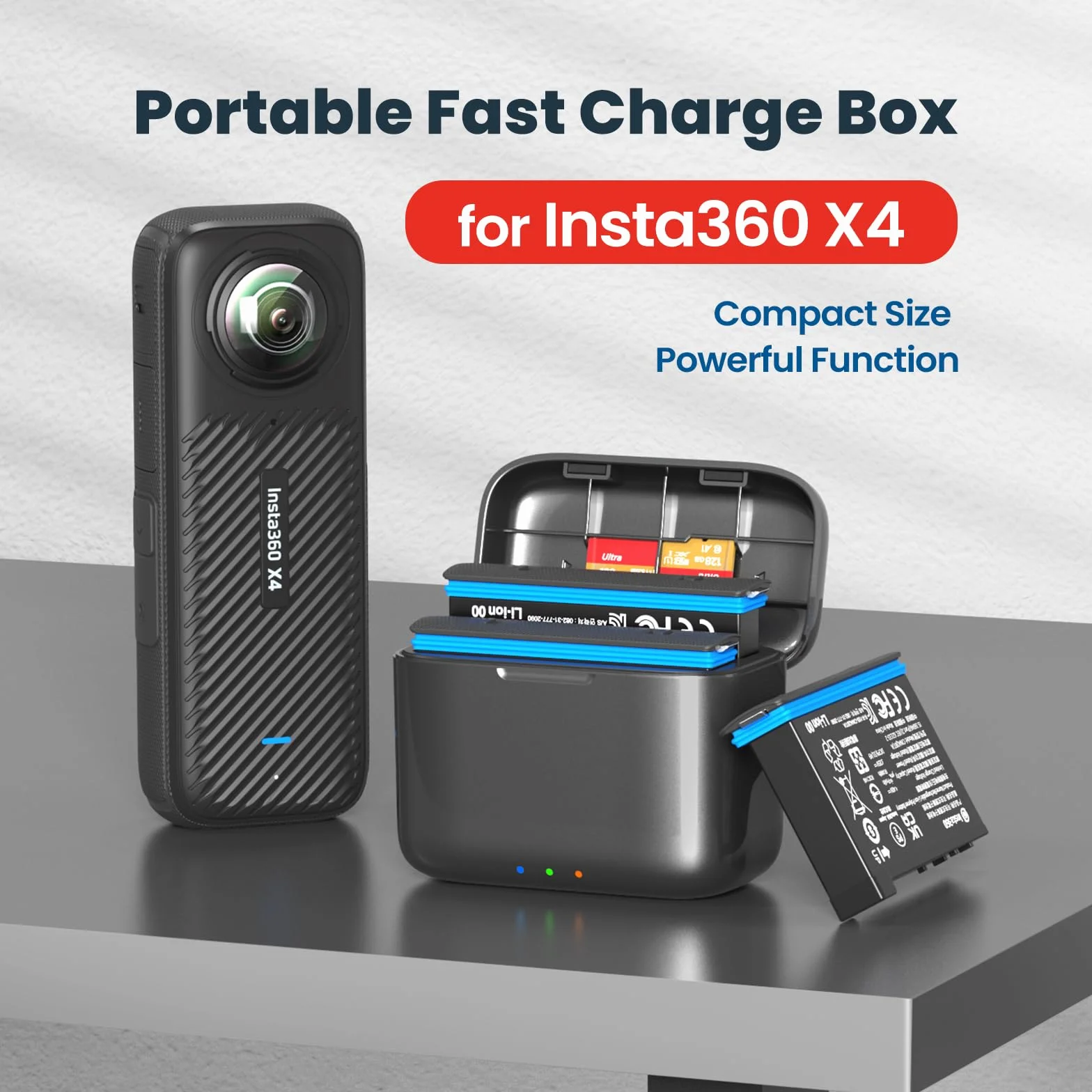 Podwójna ładowarka + 2 baterie 2380 mAh do Insta360 X4 Inteligentna ładowarka Kabel USB typu C PD3.0 PD2.0 Przechowywanie kart SD Pokrywa magnetyczna stacja ładująca