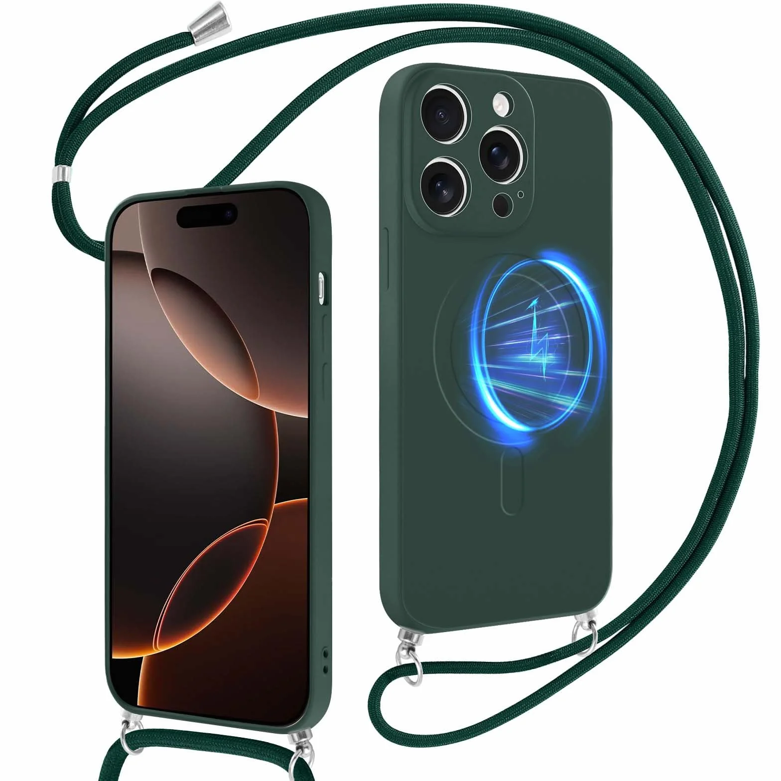 Coiwxmoi Magnetyczne etui do iPhone 16 Pro ze sznurkiem na kołnierz, etui kompatybilne z MagSafe, etui z płynnym silikonem z regulowaną smyczą, zielone