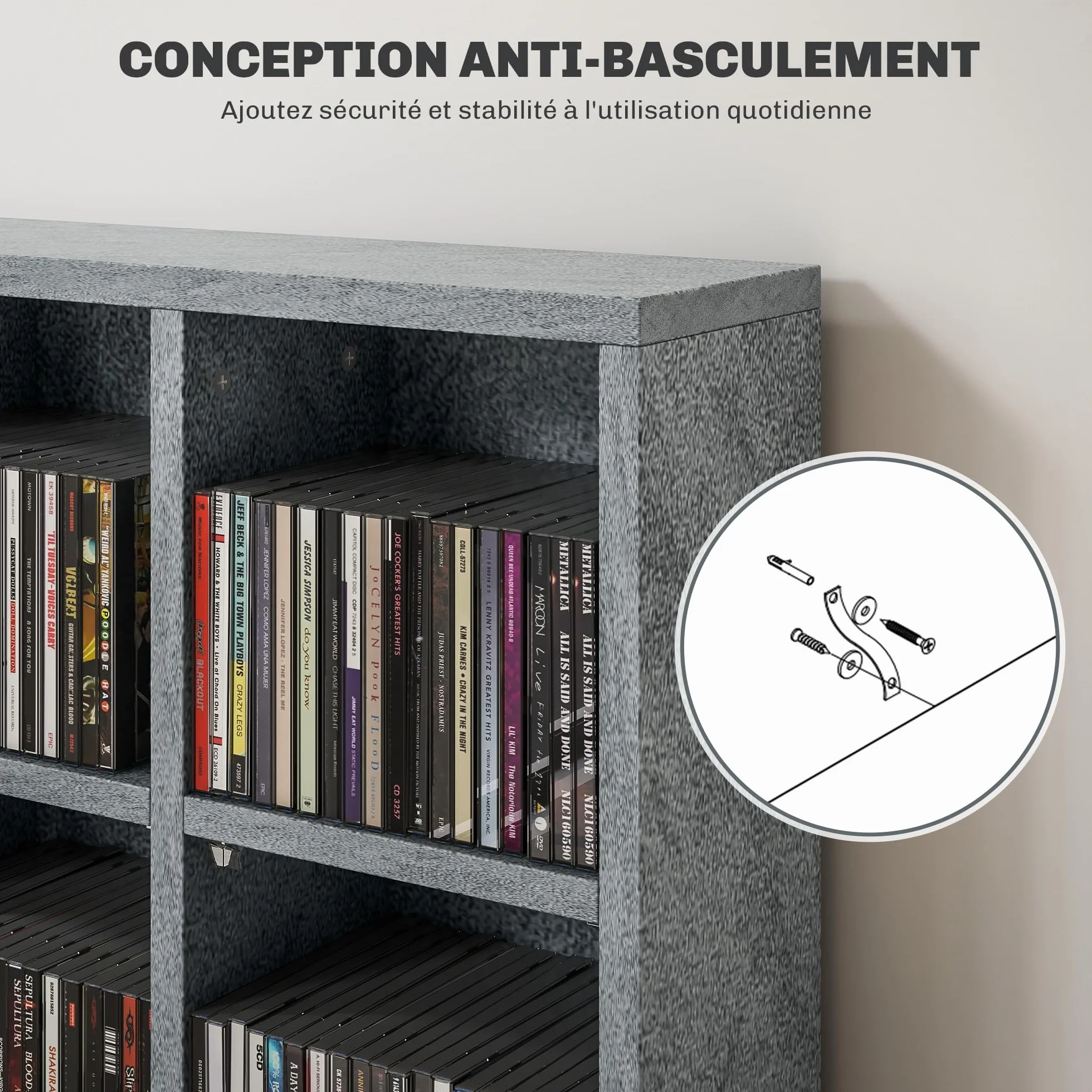 HOMCOM Przechowywanie płyt CD i DVD, nośnik multimedialny z 24 przegródkami, maks. pojemność 480 CD/312 DVD, drewniany regał z regulowanymi półkami, 89 x 20 x 130,5 cm, szary