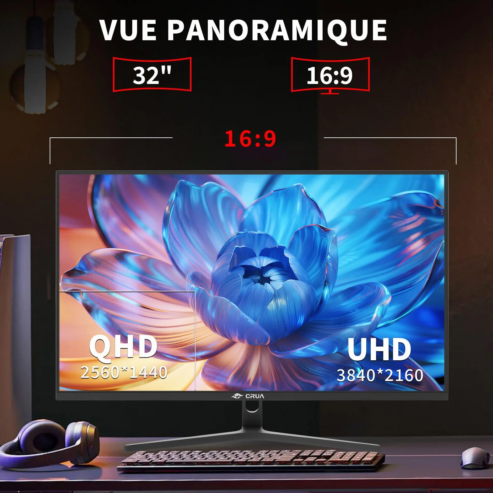 CRUA 32-calowy ekran PC Gamer 4K, monitor gier UHD (3840 x 2160) ekran PC - VA 1ms GtG 60 HzHZ, wyświetlacz HDRTM 400, 98% DCI-P3, AMD FreeSync, nachylenie, regulacja wysokości, tryb portretowy