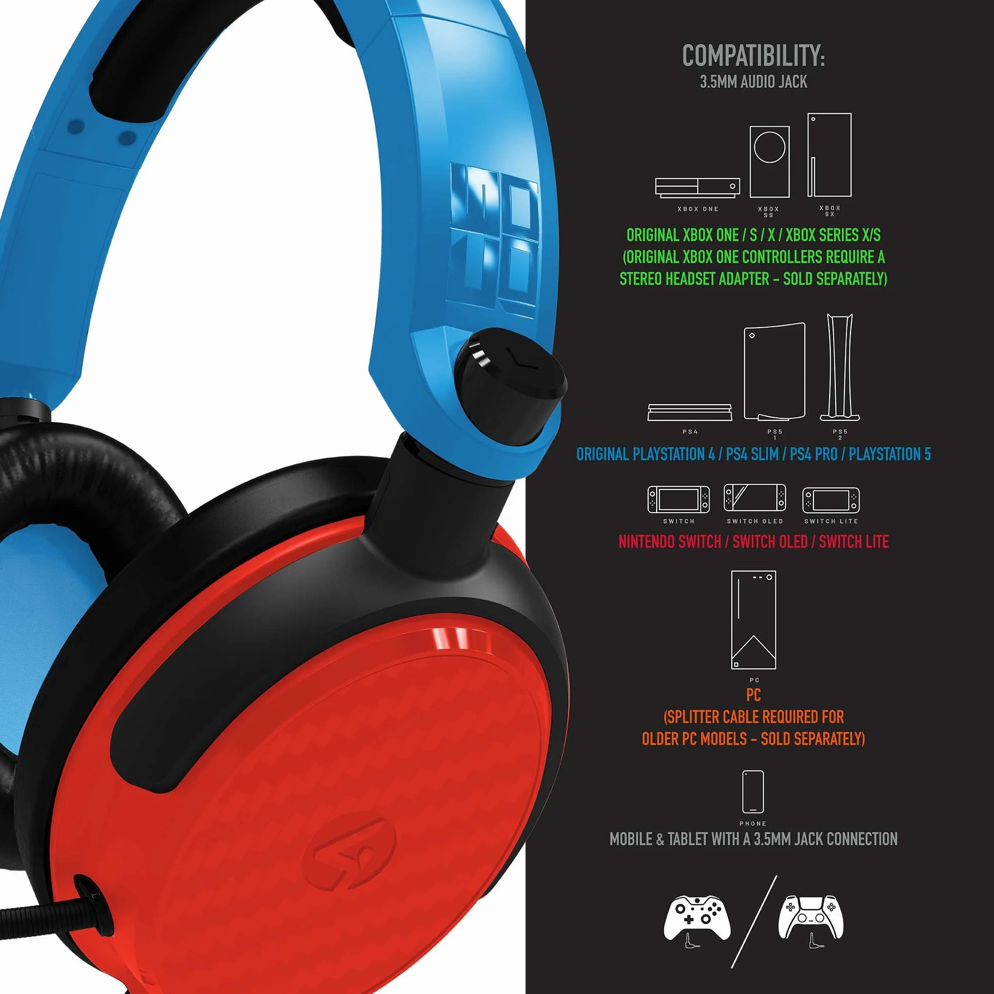 4Gamers C6-100 czerwono-niebieski zestaw słuchawkowy do gier kompatybilny z PS4/PS5, Xbox, Switch, PC z elastycznym mikrofonem, gniazdo 3,5 mm, kabel 1,5 m, lekki, wygodny i trwały