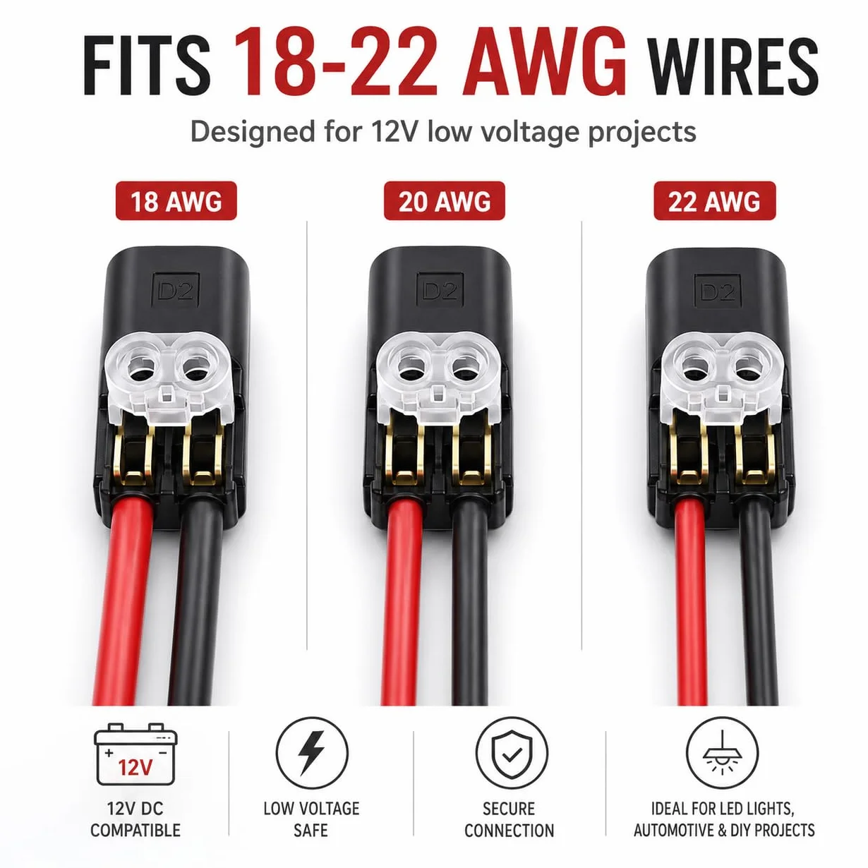 50 sztuk samochodowych złączek kablowych, 2-biegunowych, wtykowych LED bez zdejmowania izolacji, podwójne złącze wtykowe do kabli 18-22 AWG, 12 V, szybkie złącze wtykowe do elektroniki samochodowej