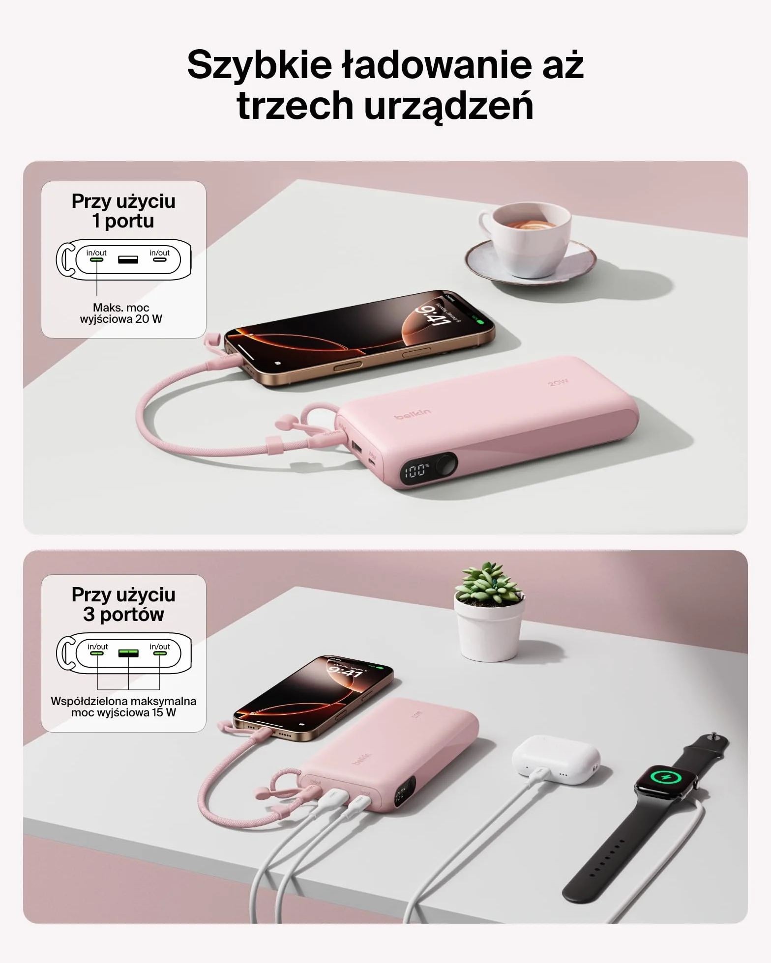 Belkin BoostCharge Powerbank 20 000 mAh z Wyświetlaczem – Różowy | Powerbank 20 000 mAh, 2 Porty USB-C i 1 Port USB-A, 20 W, do Podróży Samolotem, Naładowany, Odłączany Kabel USB-C w Zestawie