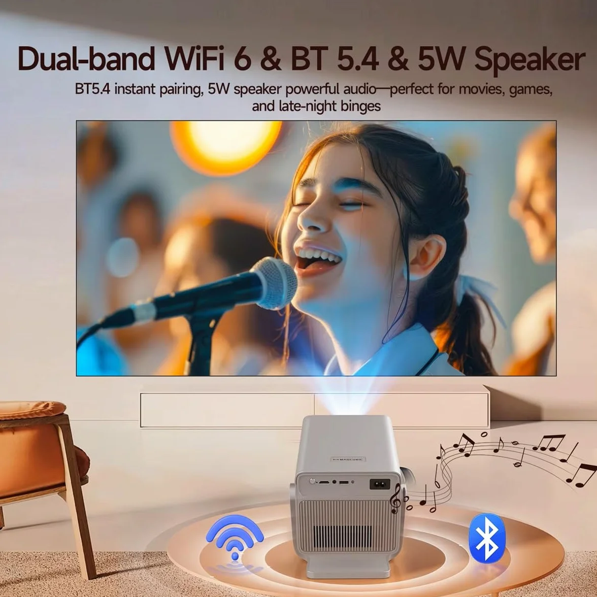 Ten projektor oferuje rozdzielczość 8K i 1080P HD, jasność 1000 ANSI lumenów, głośnik, działa z systemem Android 14 i obsługuje WiFi 6 i Bluetooth 5.4.