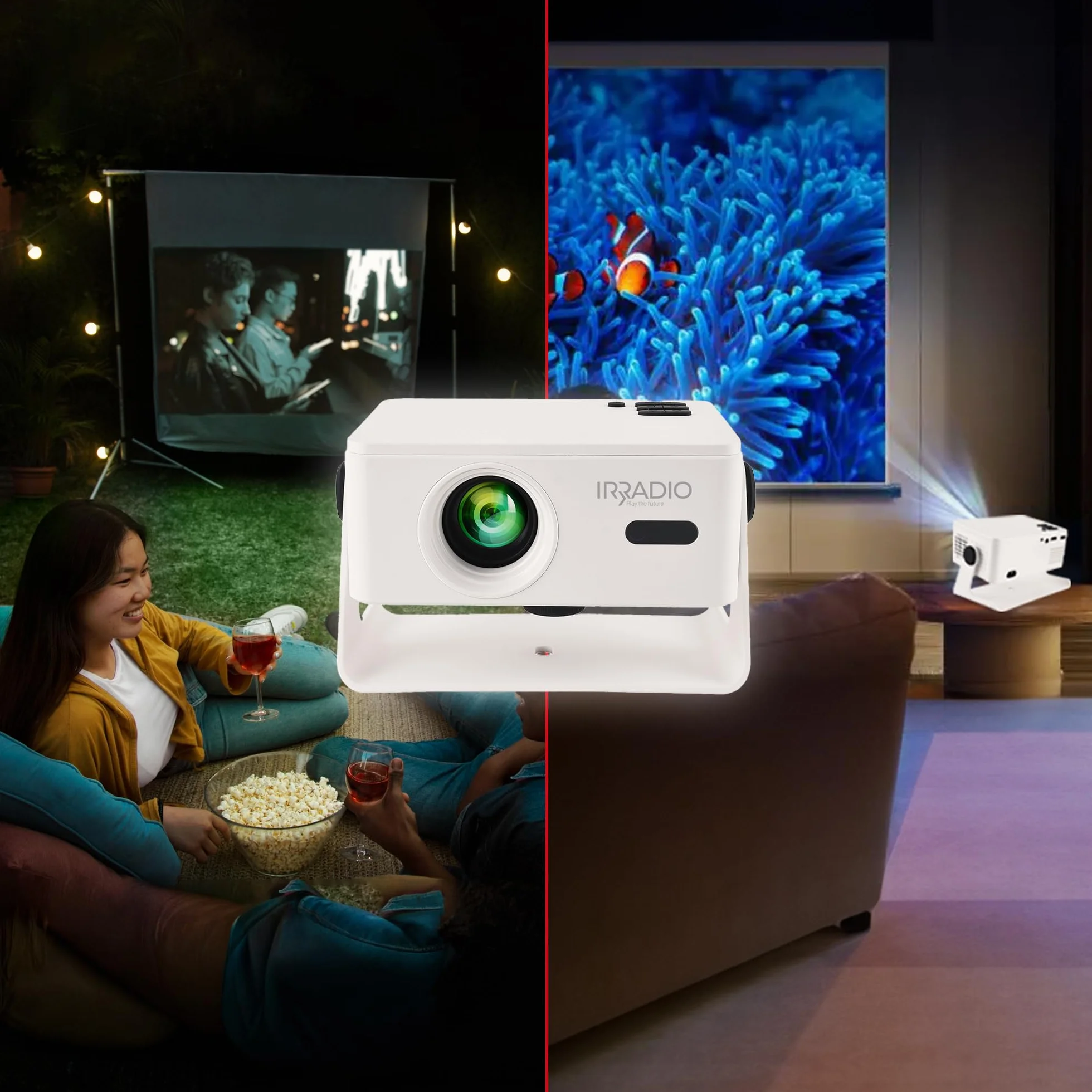 IRRADIO Inteligentny projektor 150 ANSI lumenów, przenośny mini projektor HD Native 720p z systemem Android 13 i Auto Focus, dostęp do aplikacji Streaming, dwuzakresowe WiFi