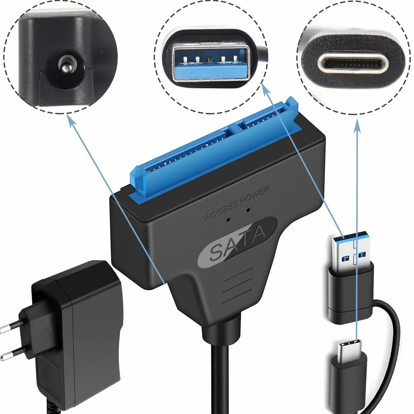 GERUI Adapter SATA USB, Sata na USB, kompatybilny z zewnętrznymi i wewnętrznymi dyskami twardymi SSD/HDD 2,5" 3,5", kompatybilny z zasilaczem 12 V 2 A, kompatybilny z Windows, Mac i Linux