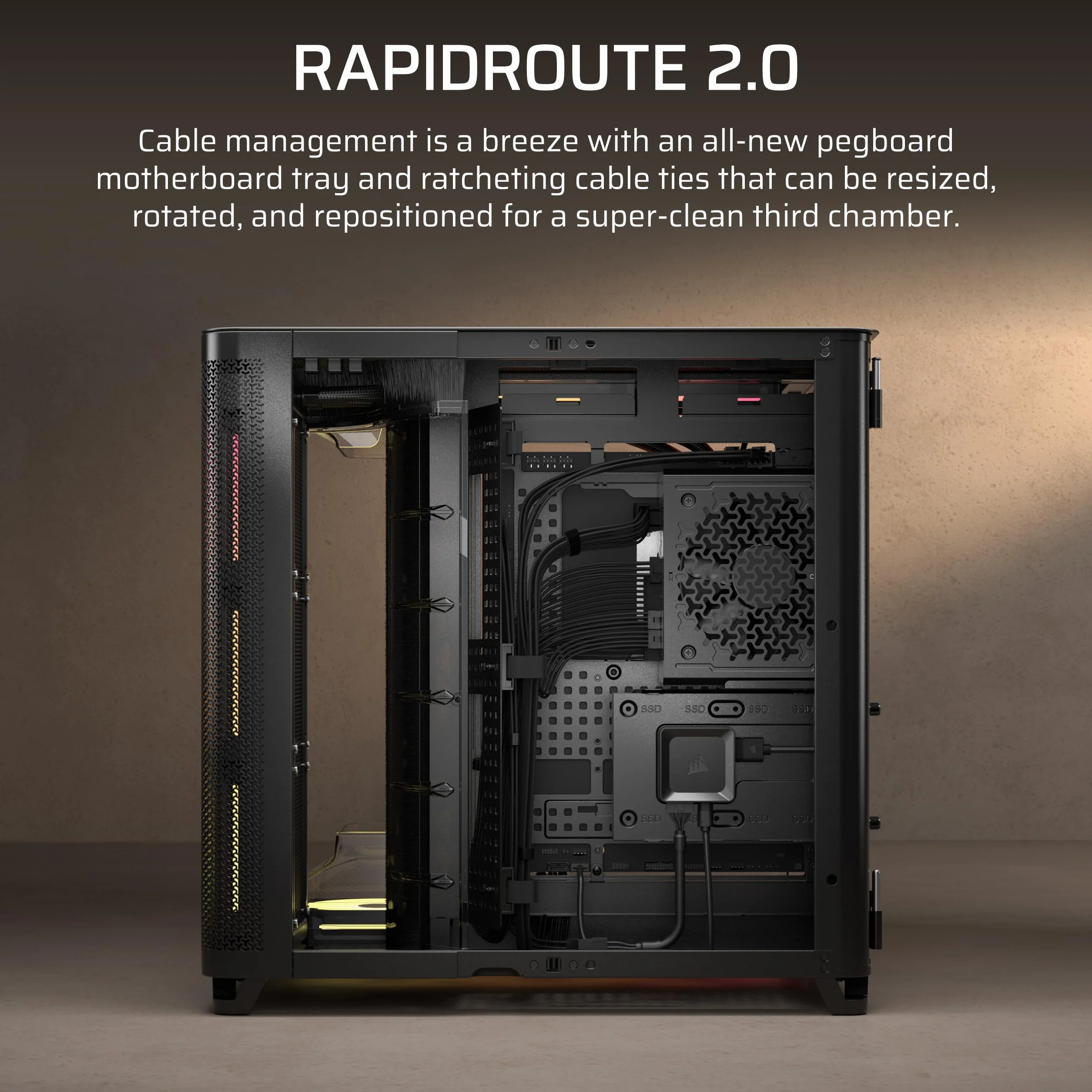 CORSAIR AIR 5400 LX-R RGB iCUE LINK trzykomorowa obudowa Mid-Tower Panoramiczna PC – 3 x wstępnie zainstalowane wentylatory LX-R RGB z odwróconym wirnikiem, niski poziom hałasu, kanały o wysokim