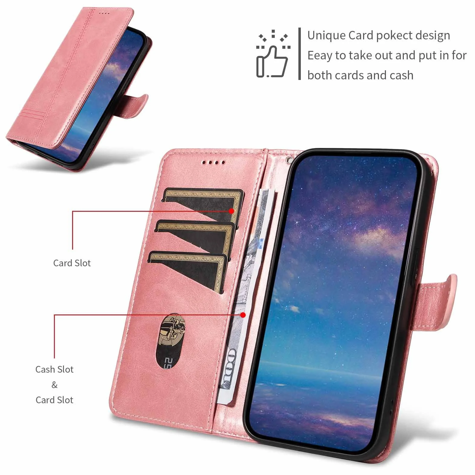 Etui z klapką do Samsung Galaxy S25 Ultra/S25 Plus/S25, skórzane etui portfelowe na telefon z stojakiem na karty, etui foliowe, odporne na wstrząsy, tworzywo TPU, kolor różowy, S25 Ultra