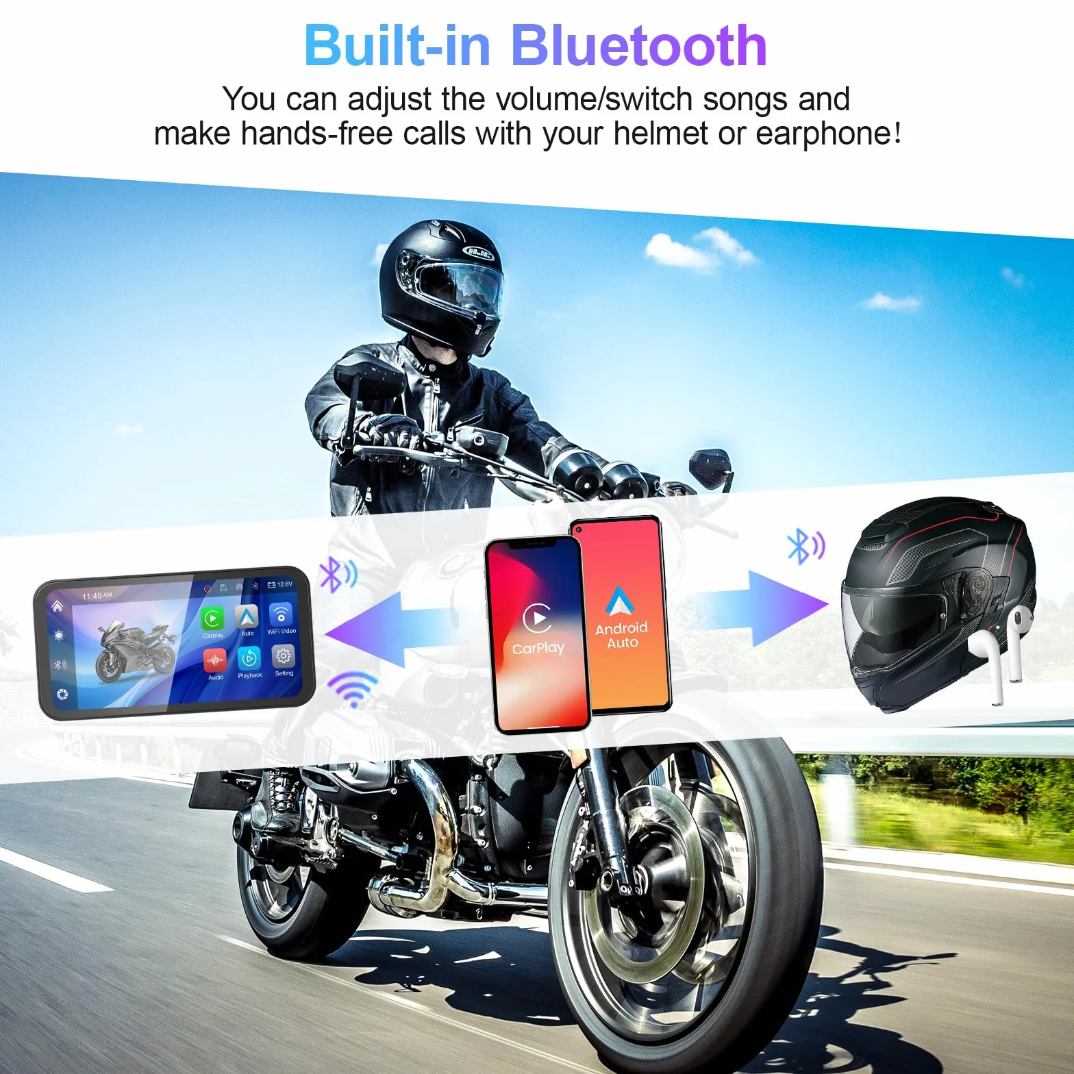 Przenośny rejestrator motocyklowy, 15.9 cm bezprzewodowy ekran dotykowy CarPlay i Android Auto z kamerą samochodową 1080P HD z przodu i z tyłu, podwójny Bluetooth, karta TF 128 GB