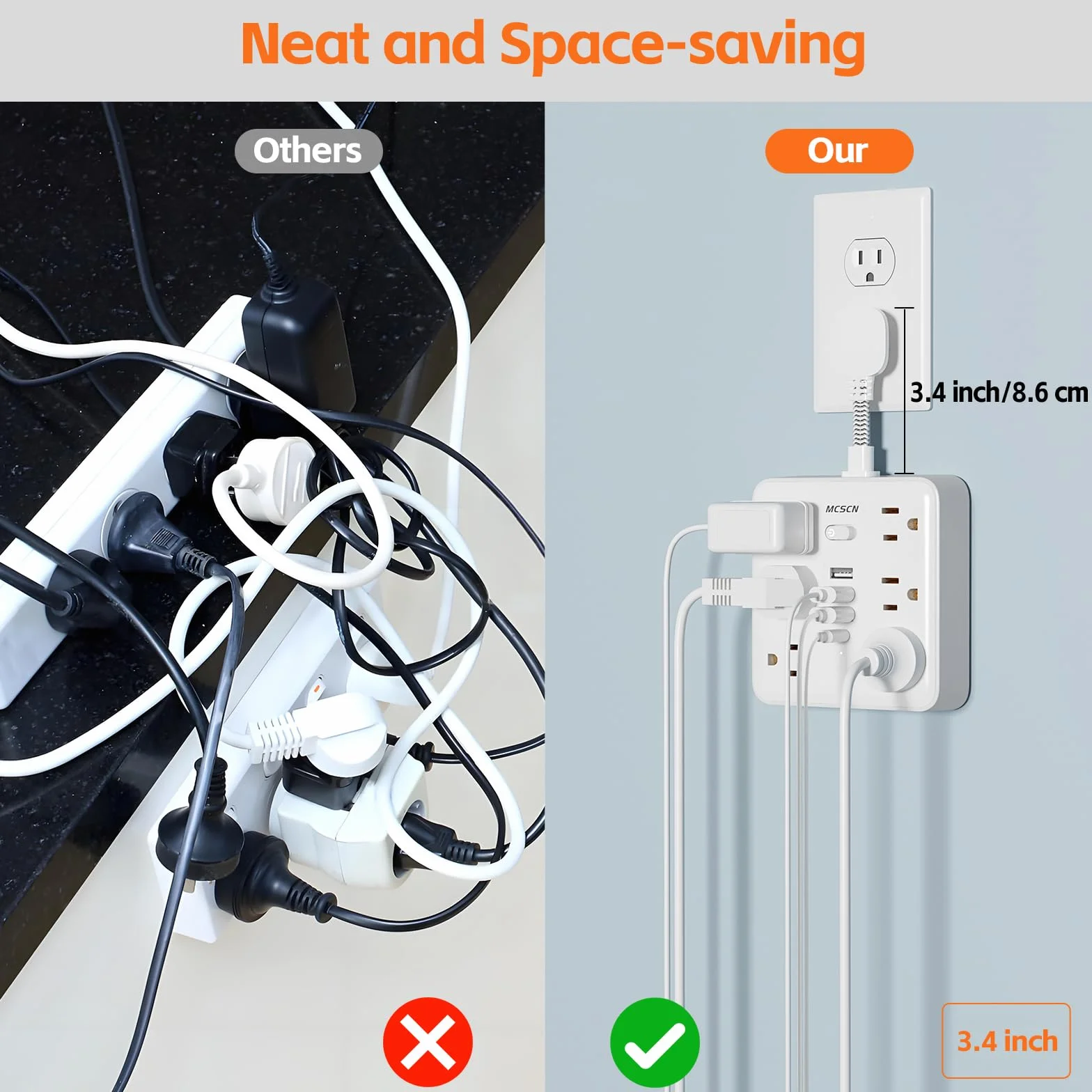 Smukłe i cienkie przenośne płaskie gniazdo, zabezpieczenie przed przeciążeniem, listwa zasilająca z 6 gniazdami AC, 4 USB (1C) do domu, biura, sypialni, podróży, niezbędnych rzeczy, ognia