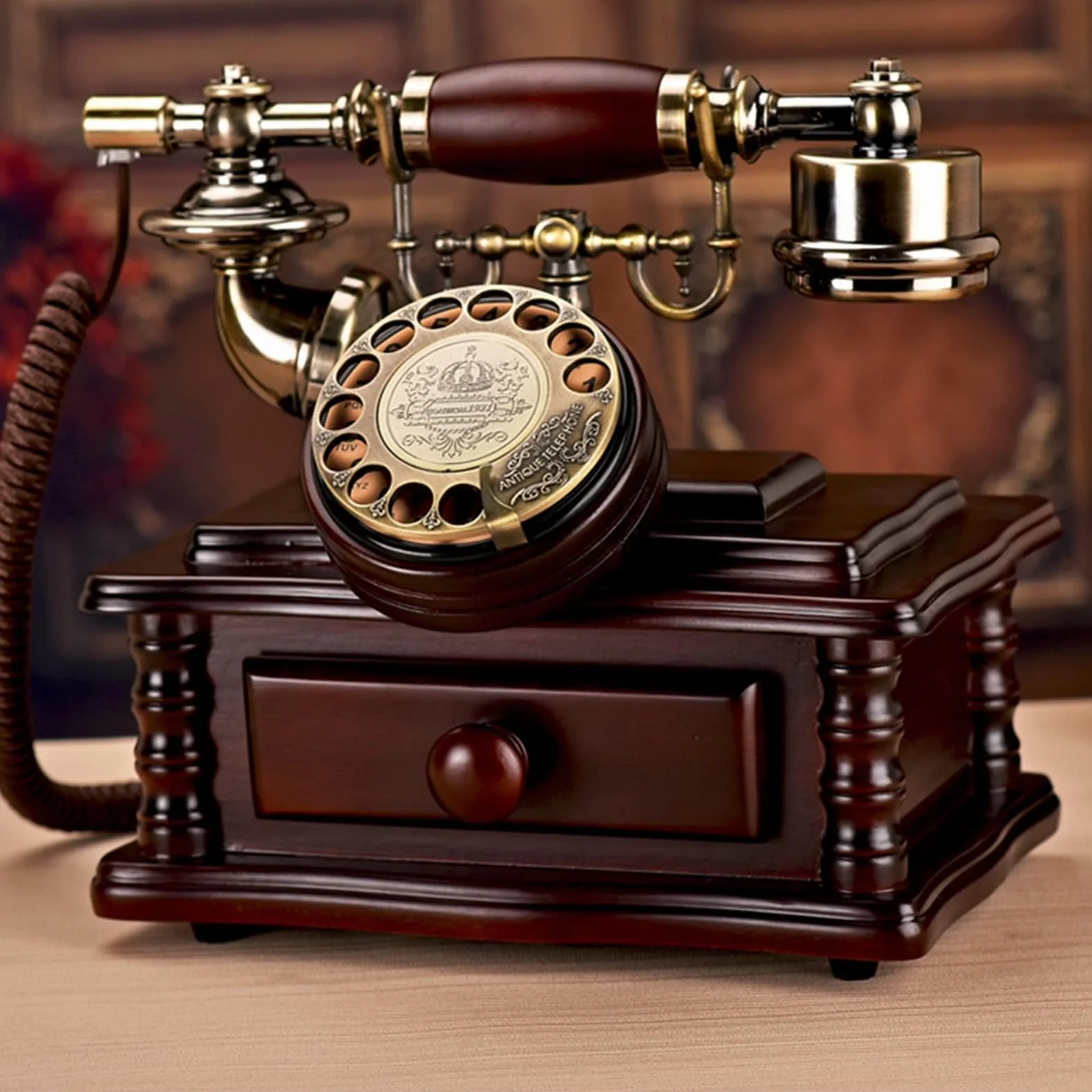 Telefon stacjonarny z obrotową tarczą, telefon stacjonarny z litego drewna, retro, z funkcją i szufladą do przechowywania do domu i biura