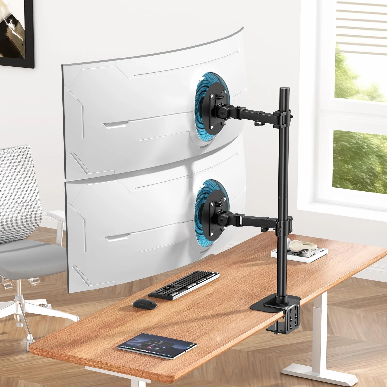 WORLDLIFT Uchwyt na podwójny ekran 17-49" - Obrotowy VESA 360° | Pochylenie +50°/-20°, obrót o 180°, obrót ±90°, szybki montaż, zarządzanie kablami, oszczędność miejsca