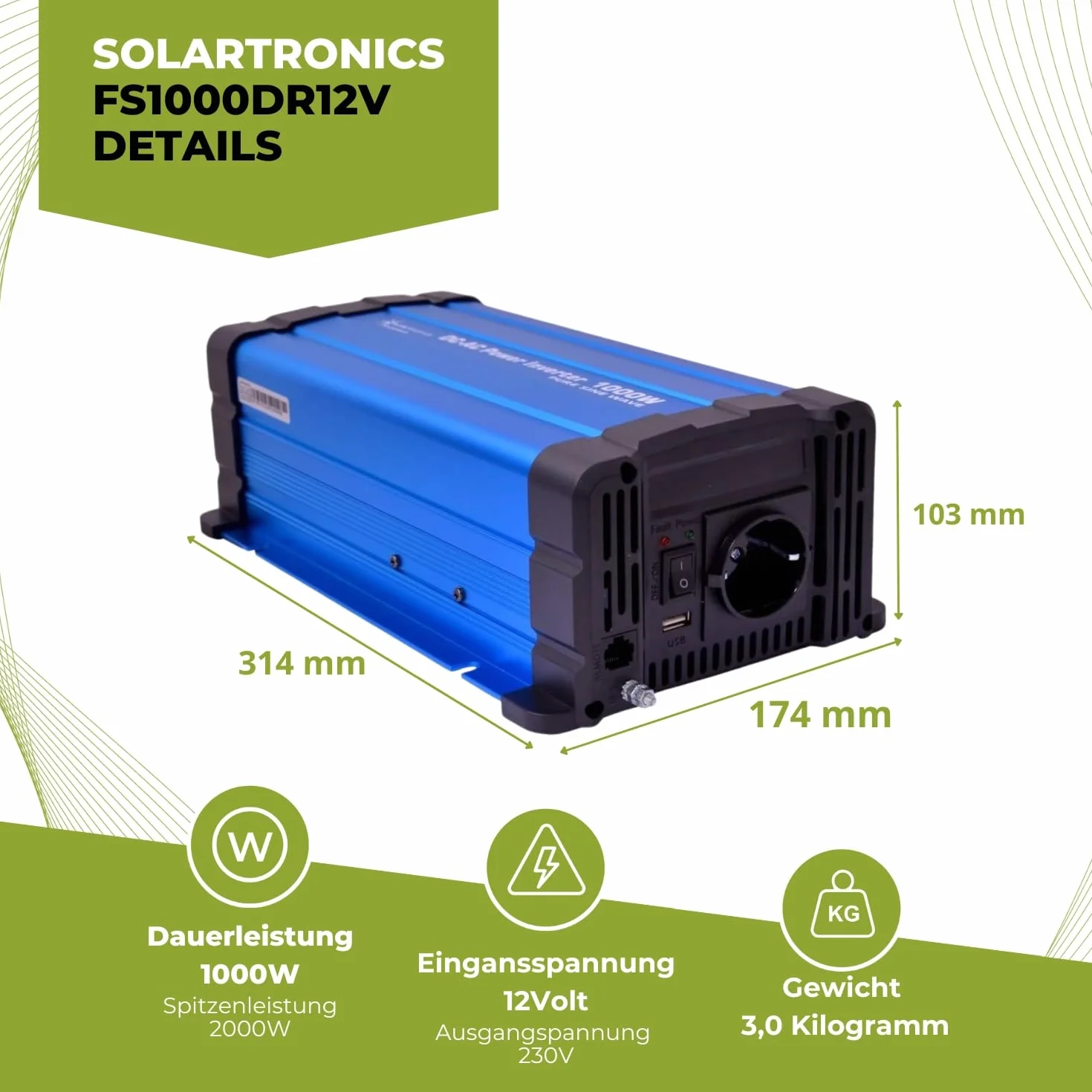 solartronics Przetwornica napięcia FS1000DR 12 V 1000 W czysty sinus niebieski inwerter