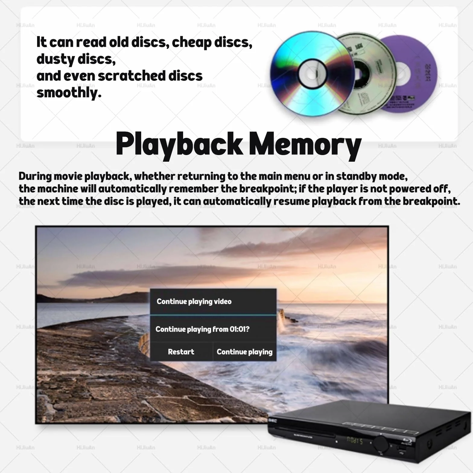 Odtwarzacz DVD, odtwarzacz Blu-ray 1080P HD, odtwarzanie płyt bez regionu, wyjście HDMI i koncentryczne, zwiększona wydajność wizualna, obsługuje formaty DVD, CD i VCD