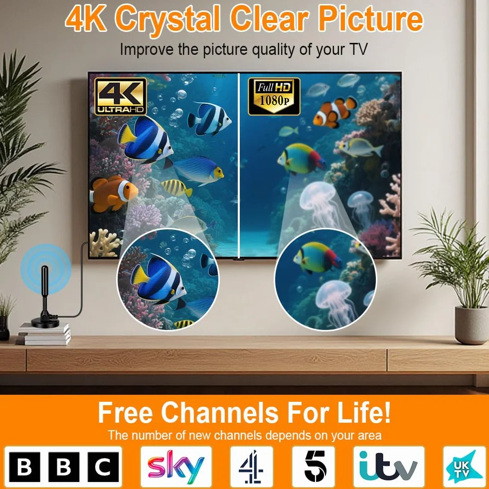 Najnowsza antena HDTV, przenośna antena cyfrowa HD z podstawą magnetyczną, wewnętrzna antena telewizyjna do Smart TV, antena DVB-T/T2, do transmisji Freeview i DAB, kabel koncentryczny 16,5 m