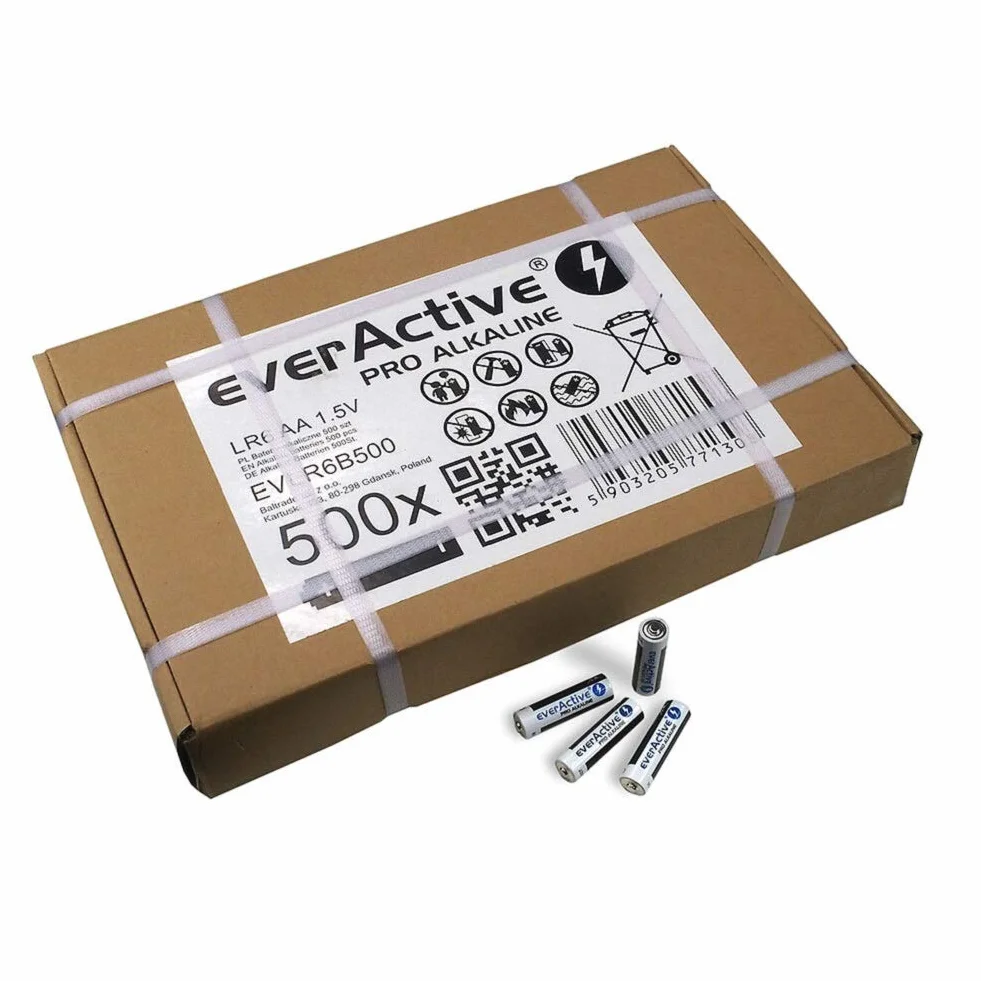 everActive AA baterie alkaliczne, 500 sztuk, Mignon LR6 R6 1,5 V, najwyższa wydajność, 10 lat trwałości, 500 sztuk