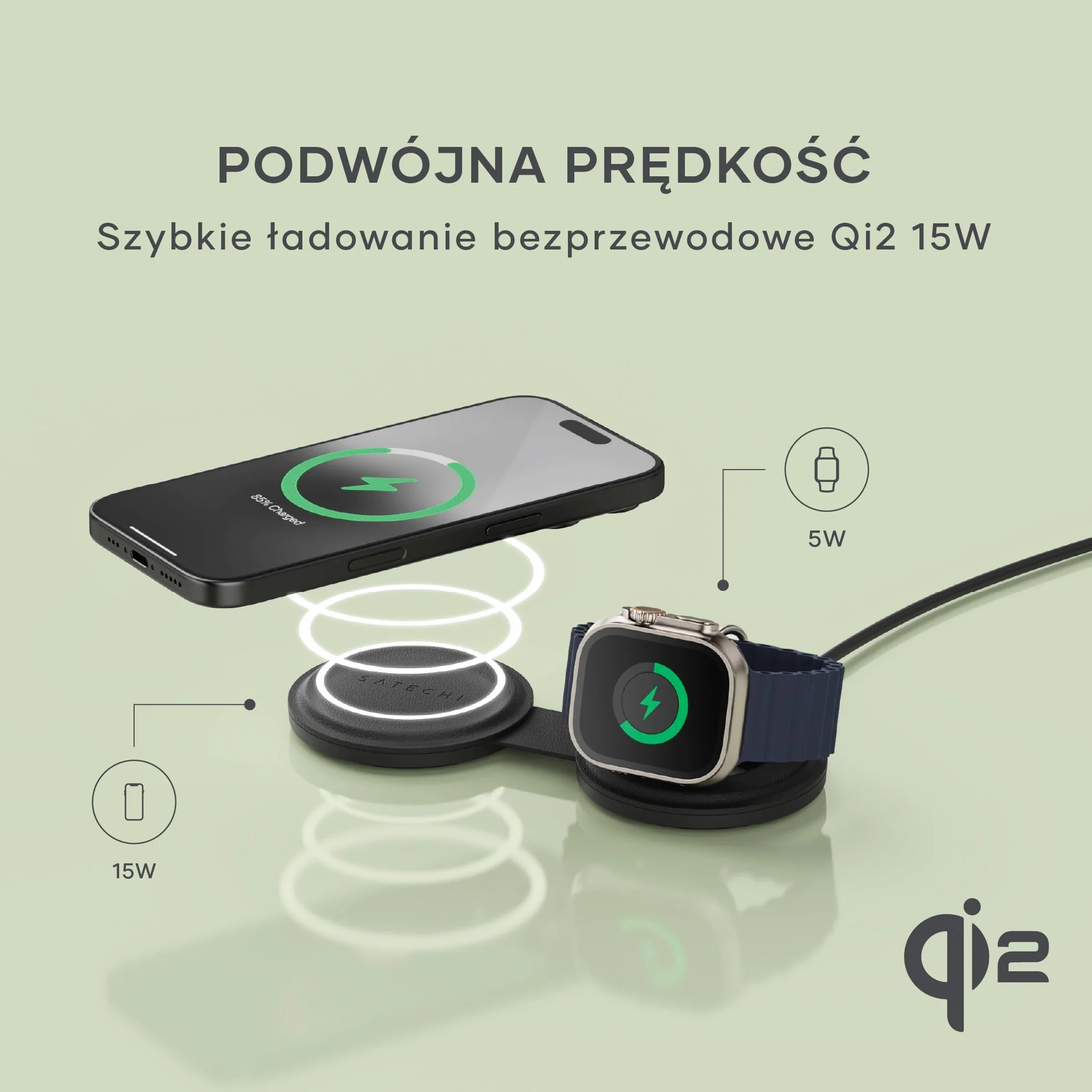 SATECHI składana ładowarka Qi2 OntheGo™ 2 w 1, 15 W, czarna | 15 W dla iPhone’a, 5 W dla Apple Watch i AirPods; zasilacz USB-C nie jest dołączony – wymagany min. 30 W