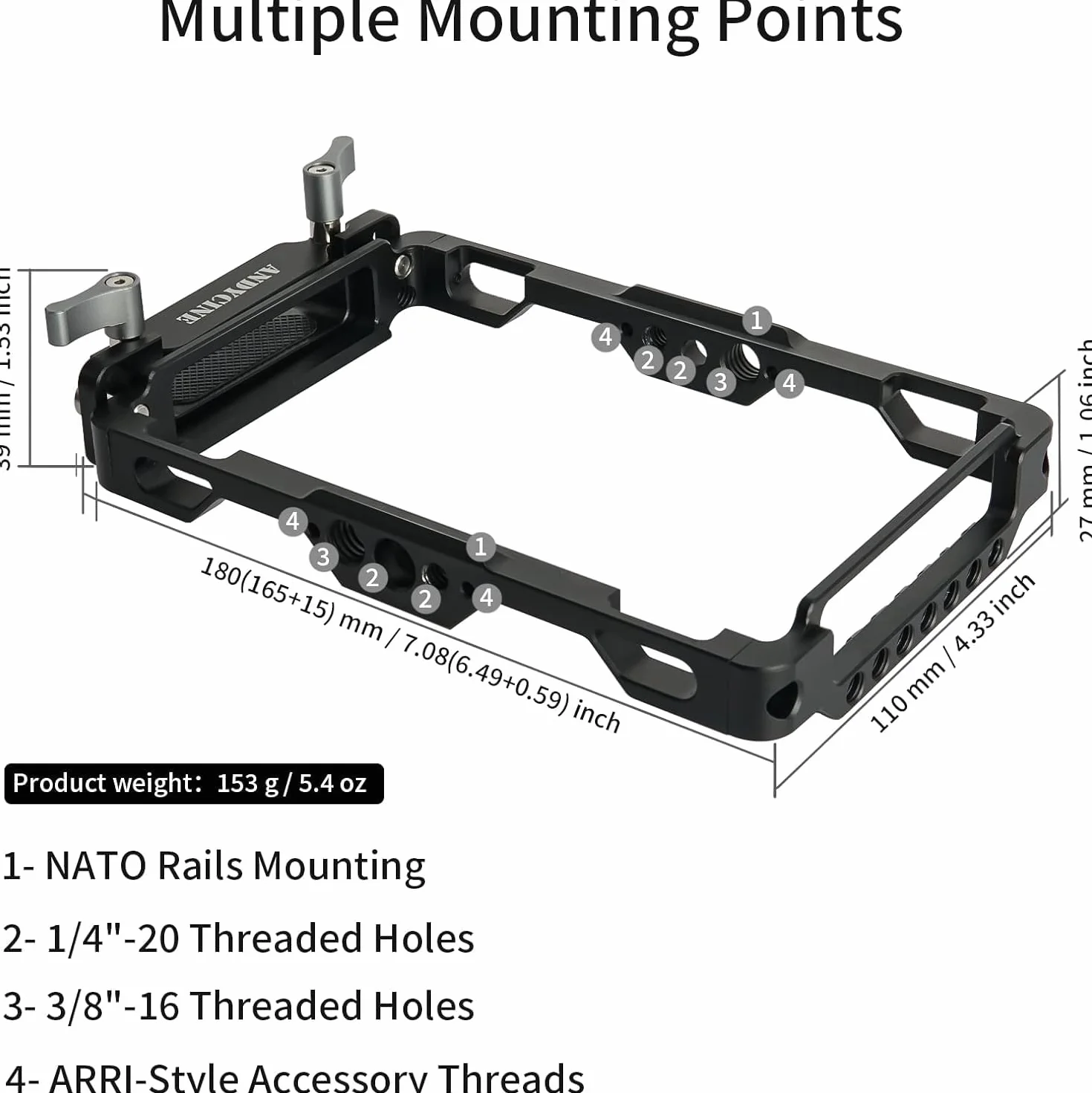 Klatka monitora ANDYCINE z osłoną przeciwsłoneczną kompatybilna z Atomos Ninja V/Ninja V+/Shinobi, wbudowanymi szynami Nato i zaciskiem kabla HDMI