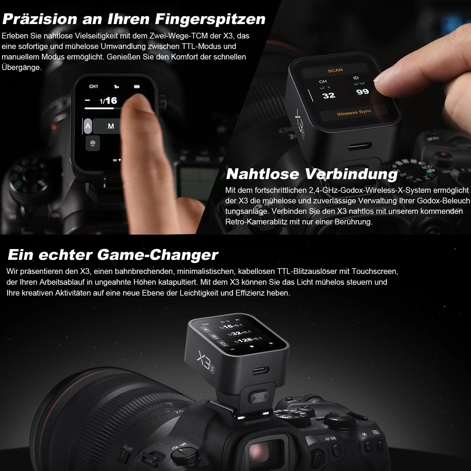 Godox X3-S TTL Trigger Flash Wireless Duży ekran dotykowy OLED Tryb bezprzewodowy X 2,4 GHz wbudowany port USB 32 kanały 16 grup kompatybilnych z aparatem Sony