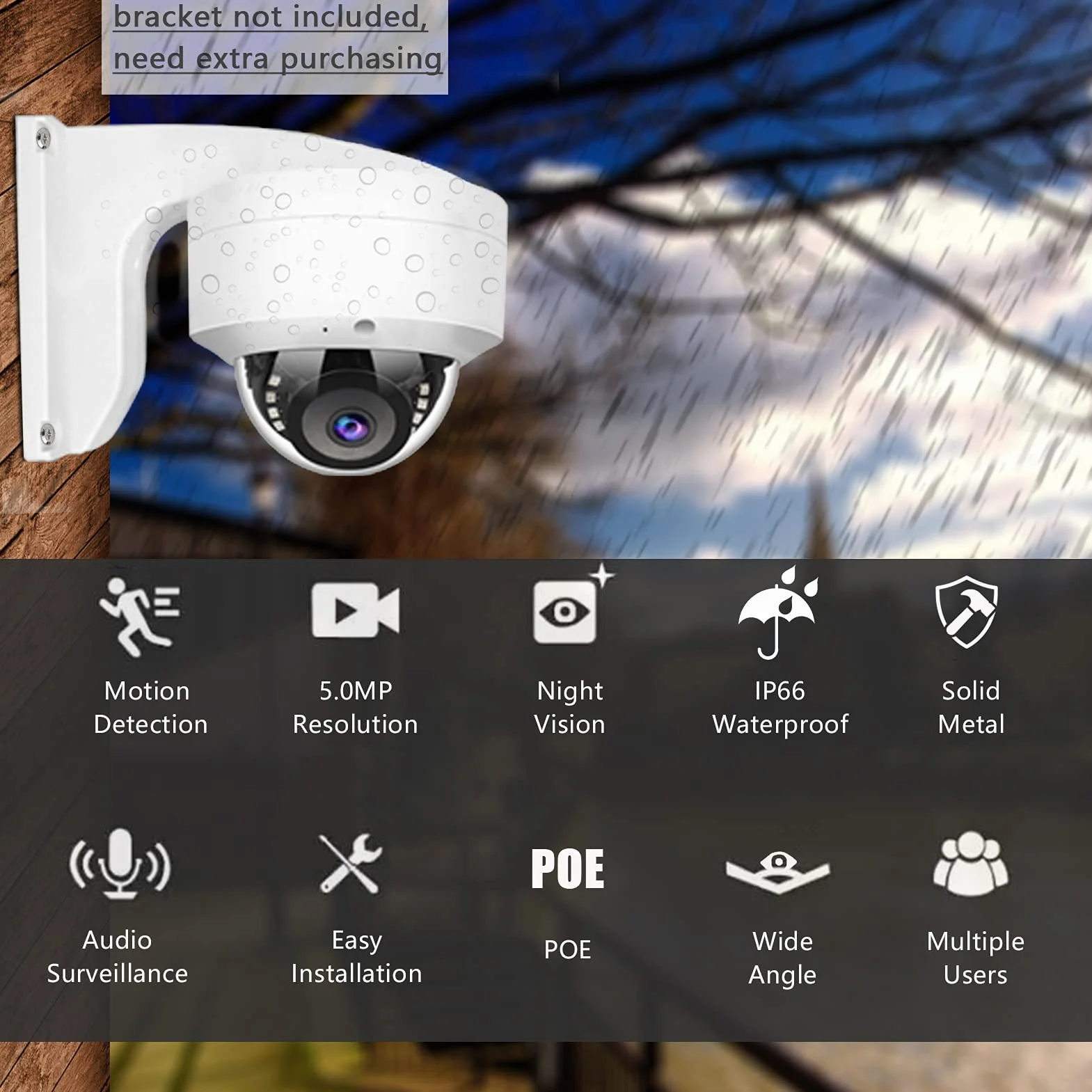 WiTi Kamera IP PoE 5 MP, kamera nadzorująca z mikrofonem audio, szerokokątny obiektyw 2,8 mm, wykrywanie ruchu, masywny metal IP66 (bez PTZ)