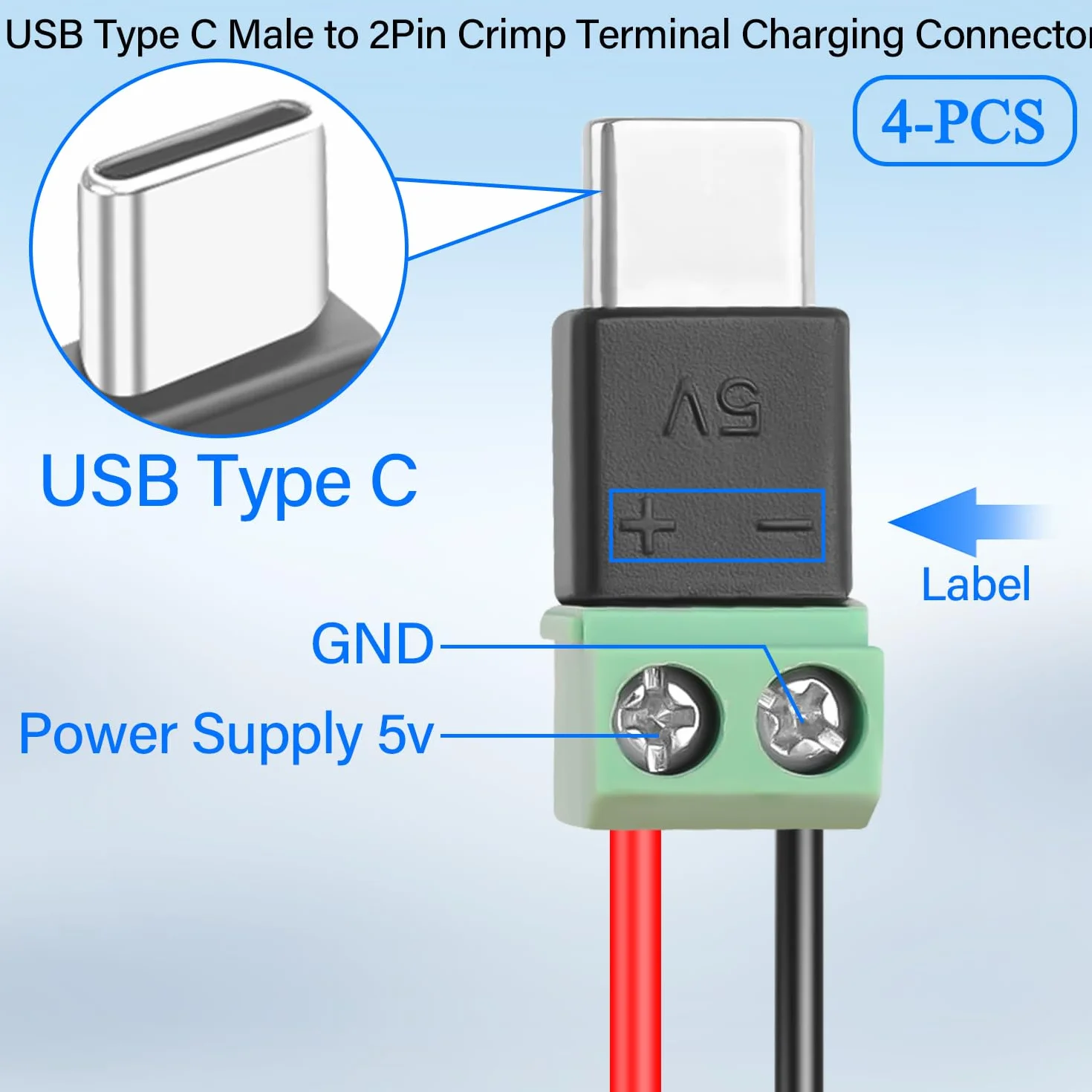 QIANRENON Adapter USB C, 2 piny, bezlutowna wtyczka na złącze zaciskowe, ładowanie 5 V 1,5 A, bez transferu danych, 4 sztuki w opakowaniu