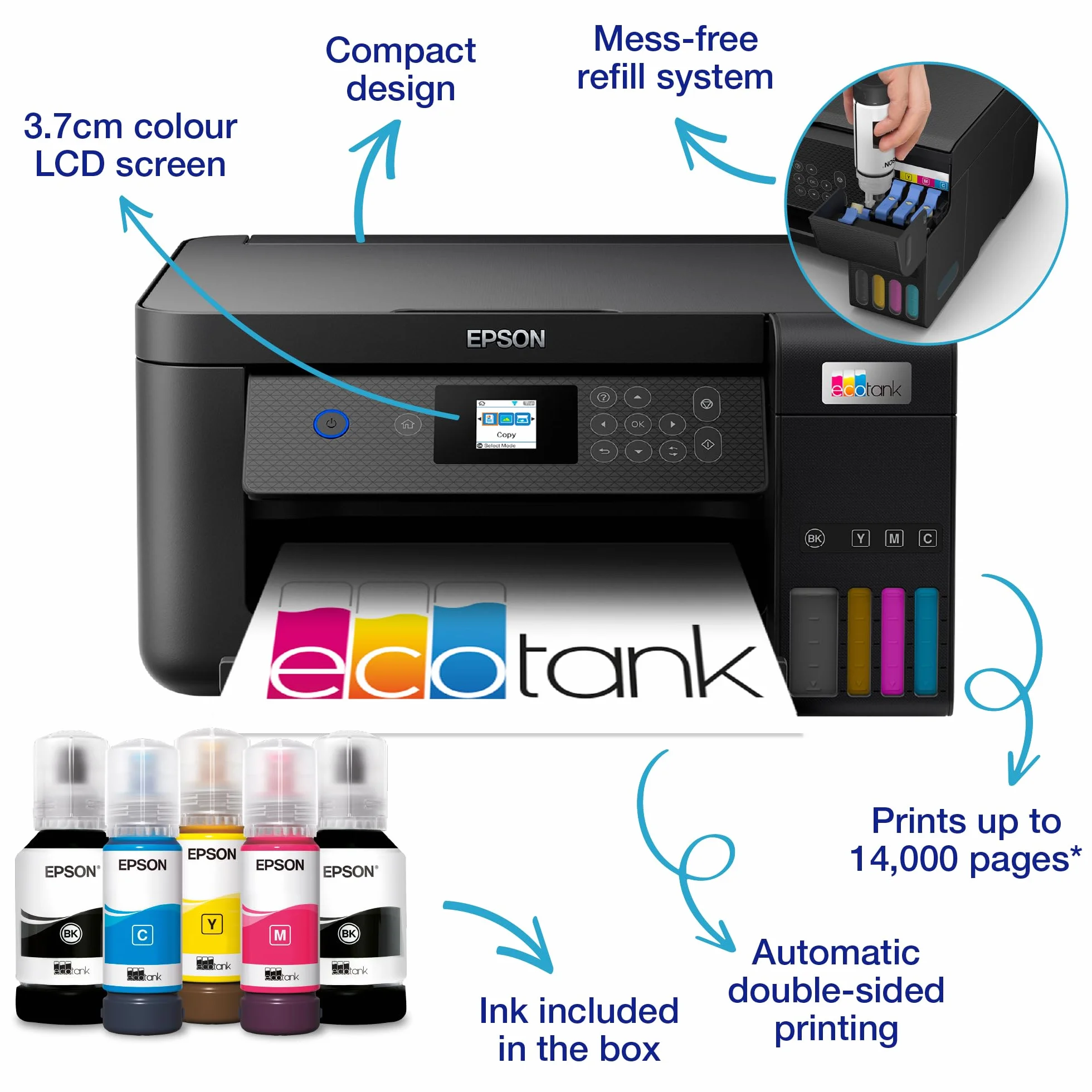 Epson EcoTank ET-2850 Drukarka zbiornika atramentowego Wi-FI do druku/skanowania/kopiowania, do 3 lat atramentu w zestawie