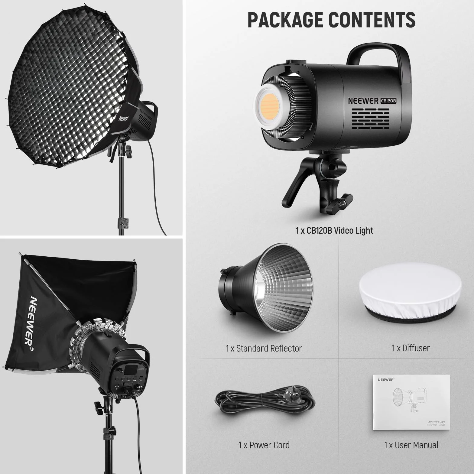 NEEWER CB120B lampa wideo LED 120 W ze sterowaniem aplikacją 2,4 G, COB, dwukolorowa, 2700 K – 6500 K, 78000 luksów przy 1 m/CCT / CRI97/12 scen/uchwyt Bowens, światło ciągłe do fotografii