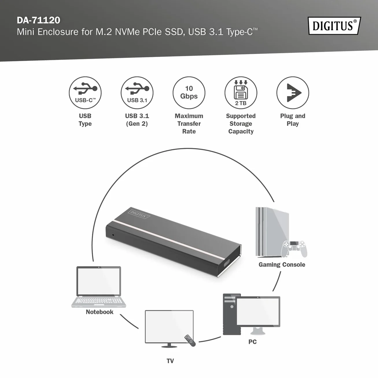 DIGITUS Zewnętrzna obudowa USB typu C 3.1 do dysków SSD M.2 NVMe - moduł M.2 typu 2280, 2260, 2242, 2230 - M/B+M-Key - do 10 Gbit/s - z kablem USB-C - Czarny