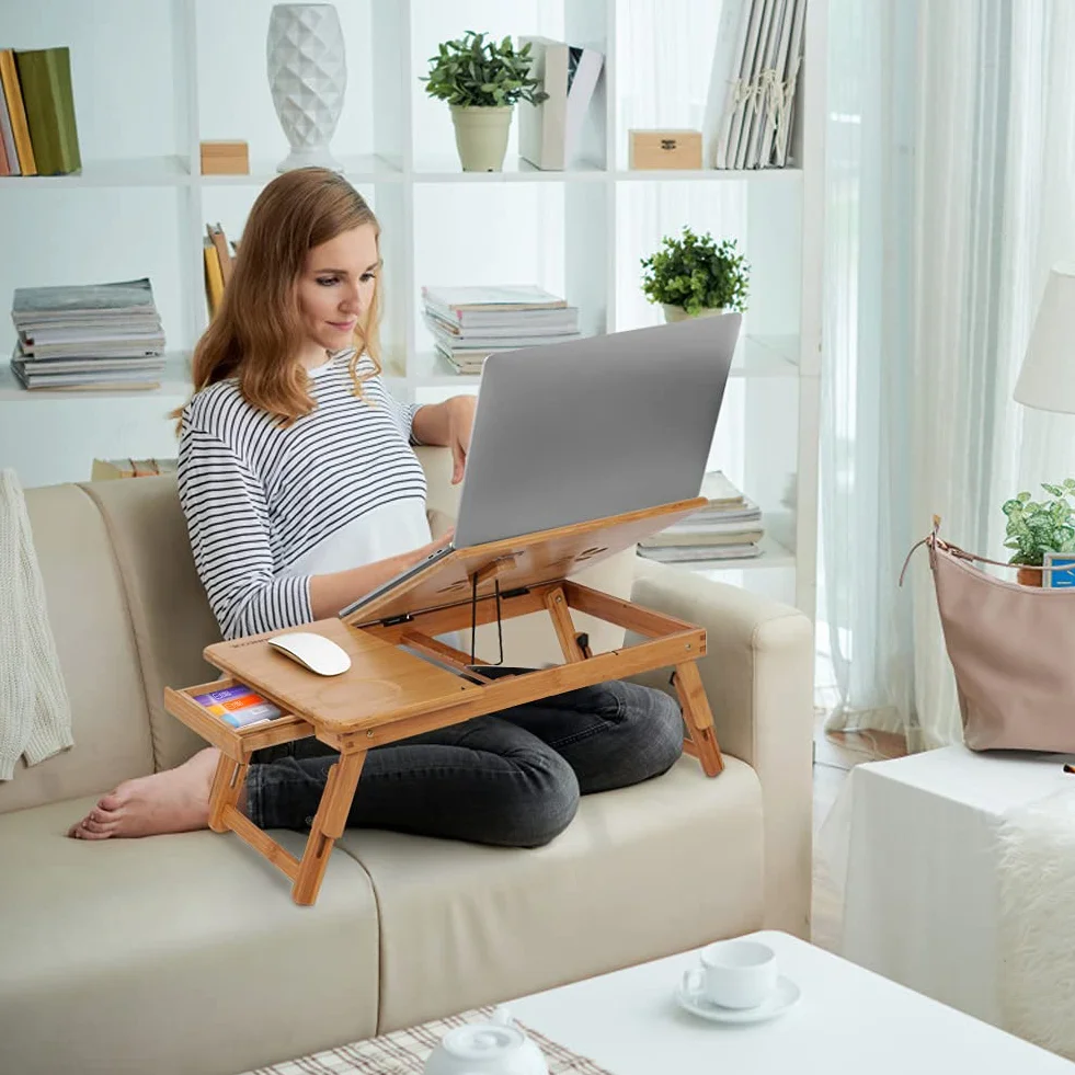 Bambusowe biurko na laptopa, składany stolik na laptopa, regulowana taca na laptopa biurko na kolana do laptopa śniadanie taca na łóżko z przegrodą szufladą kubek miejsce rowek otwory chłodzące,