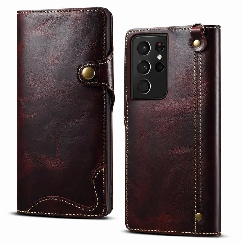 Etui z klapką na telefon Samsung Galaxy S24 Ultra z prawdziwej skóry, zapięcie na magnes, pierścień na haczyk, portfel, portfel, etui na telefon komórkowy, portmonetka do Samsung Galaxy S24