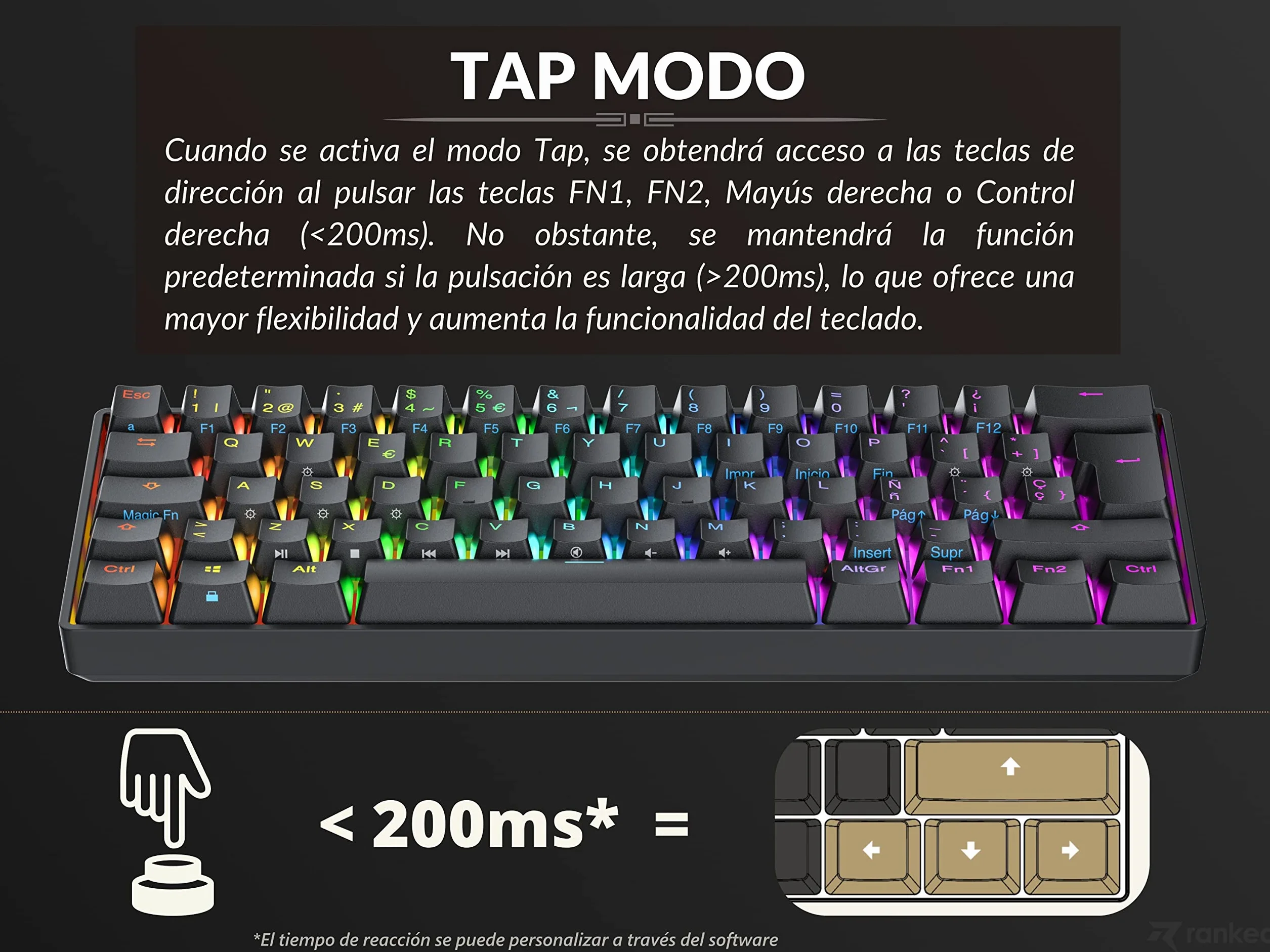 Ranked N60 Nova 60%| Mechaniczna Klawiatura do Gier | 62 Klawiszy Podświetlenia RGB | PC/MAC Gamer | Układ hiszpański QWERTY ISO ES (Czarny, Gateron Blue)